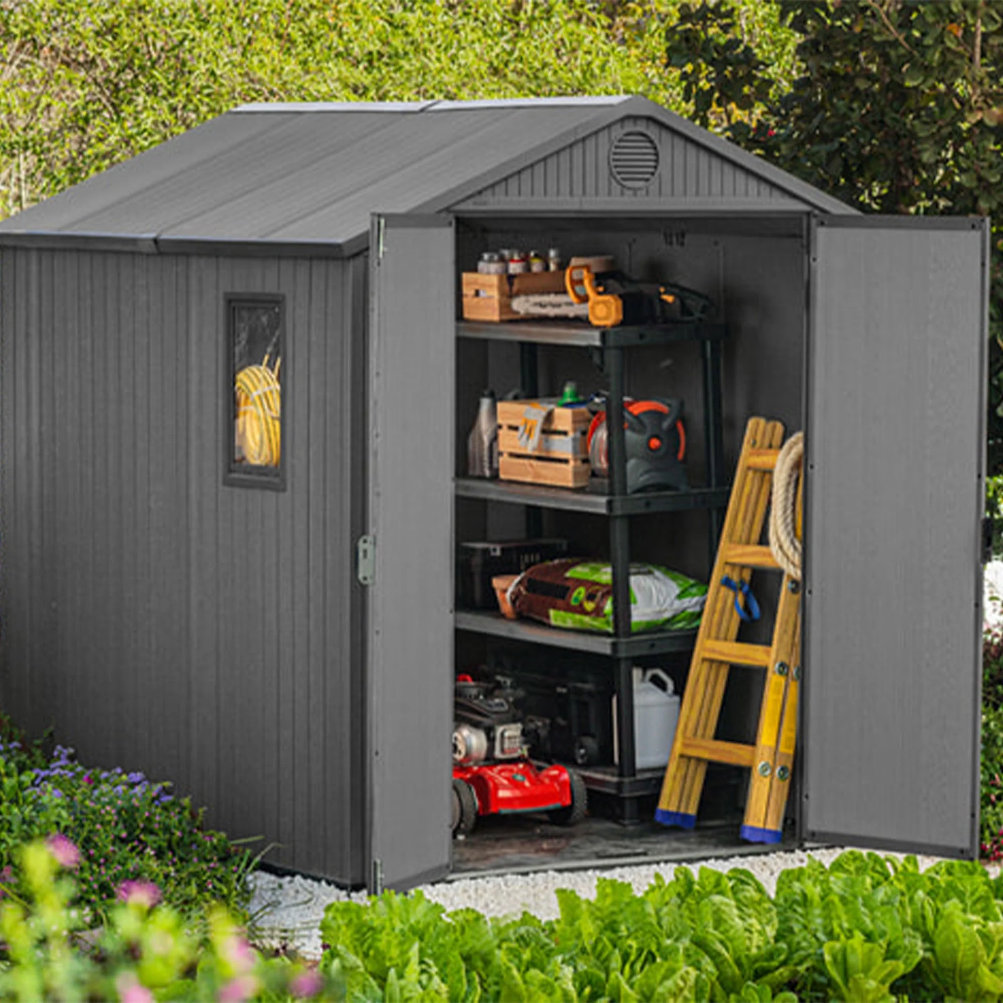 Keter Darwin 6x8 Foot Outdoor Garden Storage Shed with 40 Inch Steel Shelf Kit - Image 9