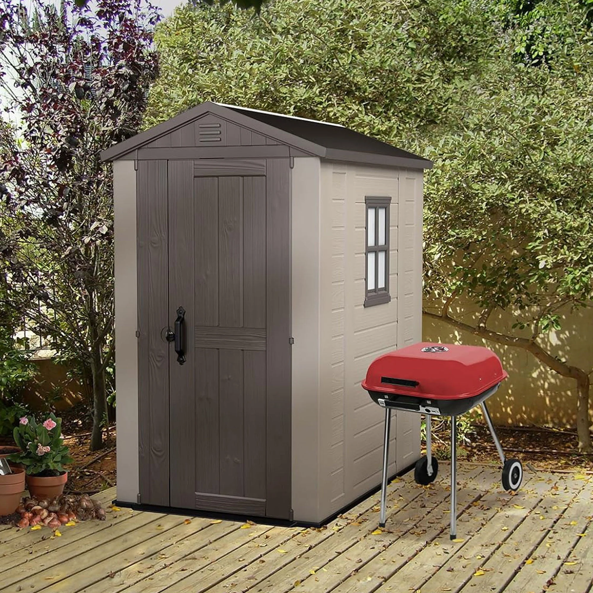 Keter Factor 4 x 6 Foot Outdoor Garden Tool Storage Shed with Window, Brown - Image 4