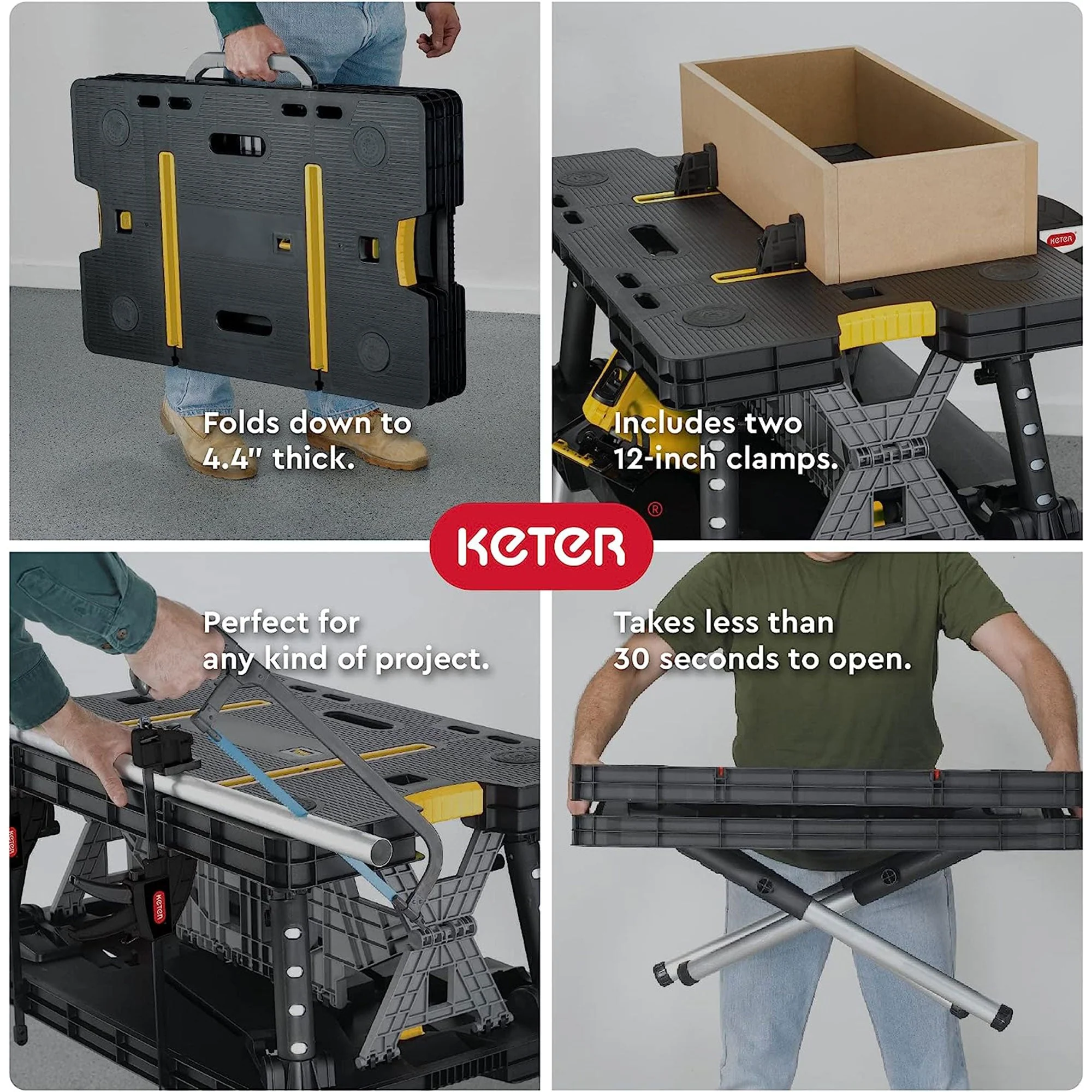 Keter Folding Portable Workbench Sawhorse w/12 In Clamps, Black/Yellow (2 Pack) - Image 3