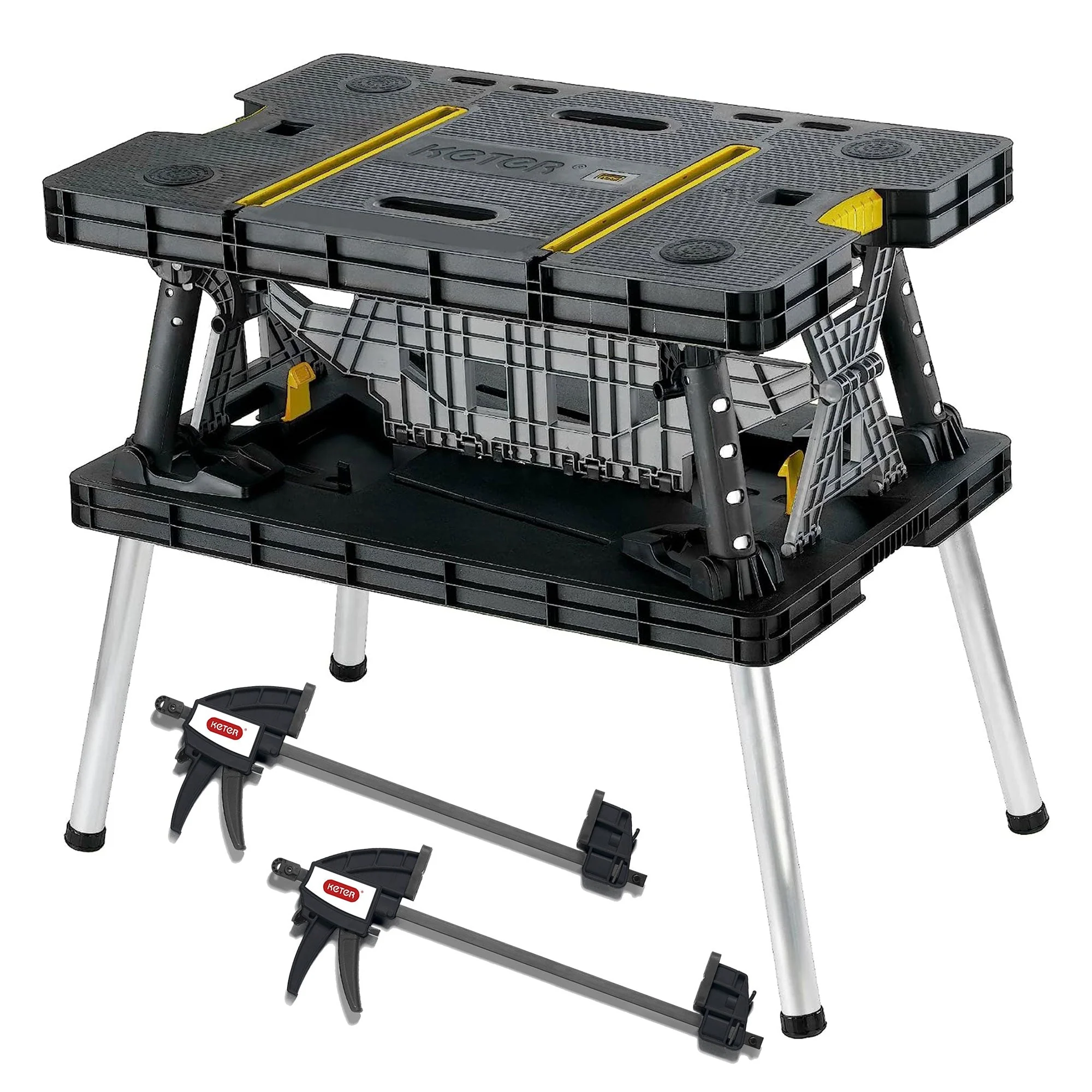 Keter Folding Portable Workbench Sawhorse w/12 In Clamps, Black/Yellow (2 Pack) - Image 9