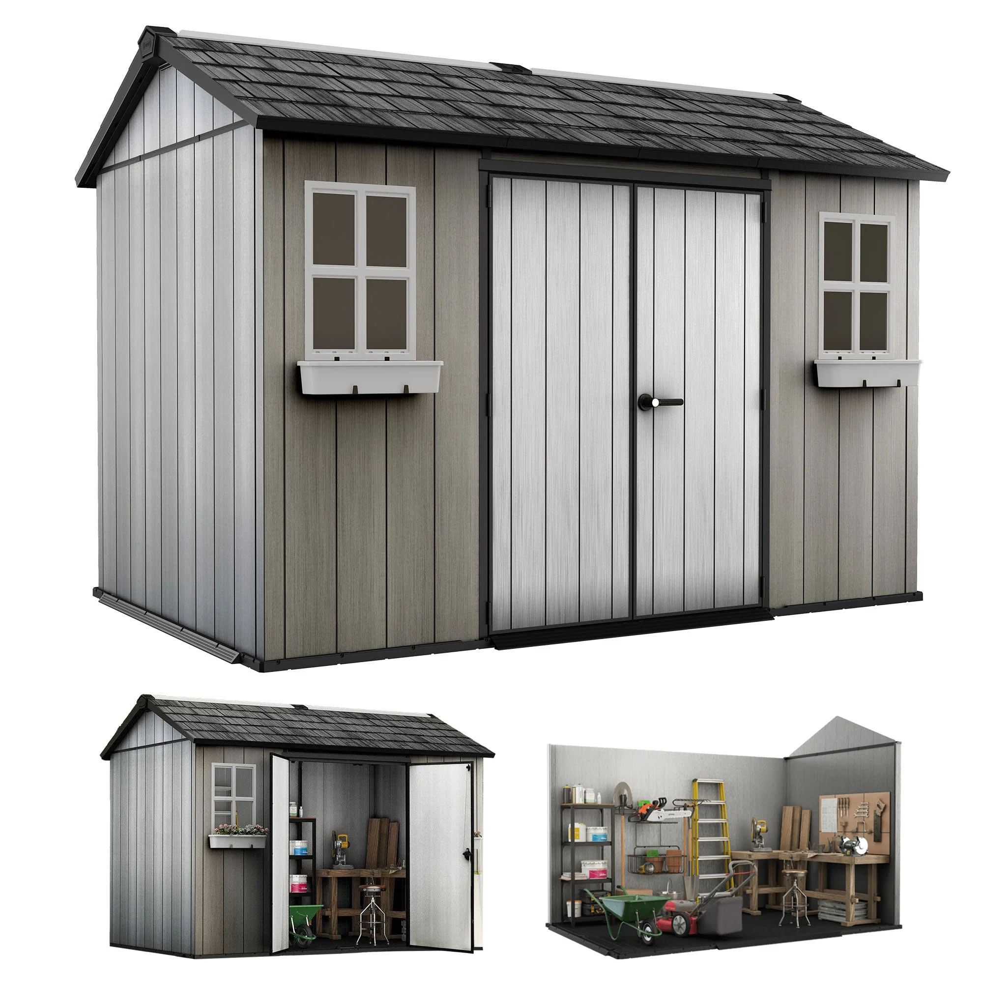 Keter Oakland 11 x 7.5 Foot Outdoor Garden Tool Storage Shed with Windows, Gray - Image 9