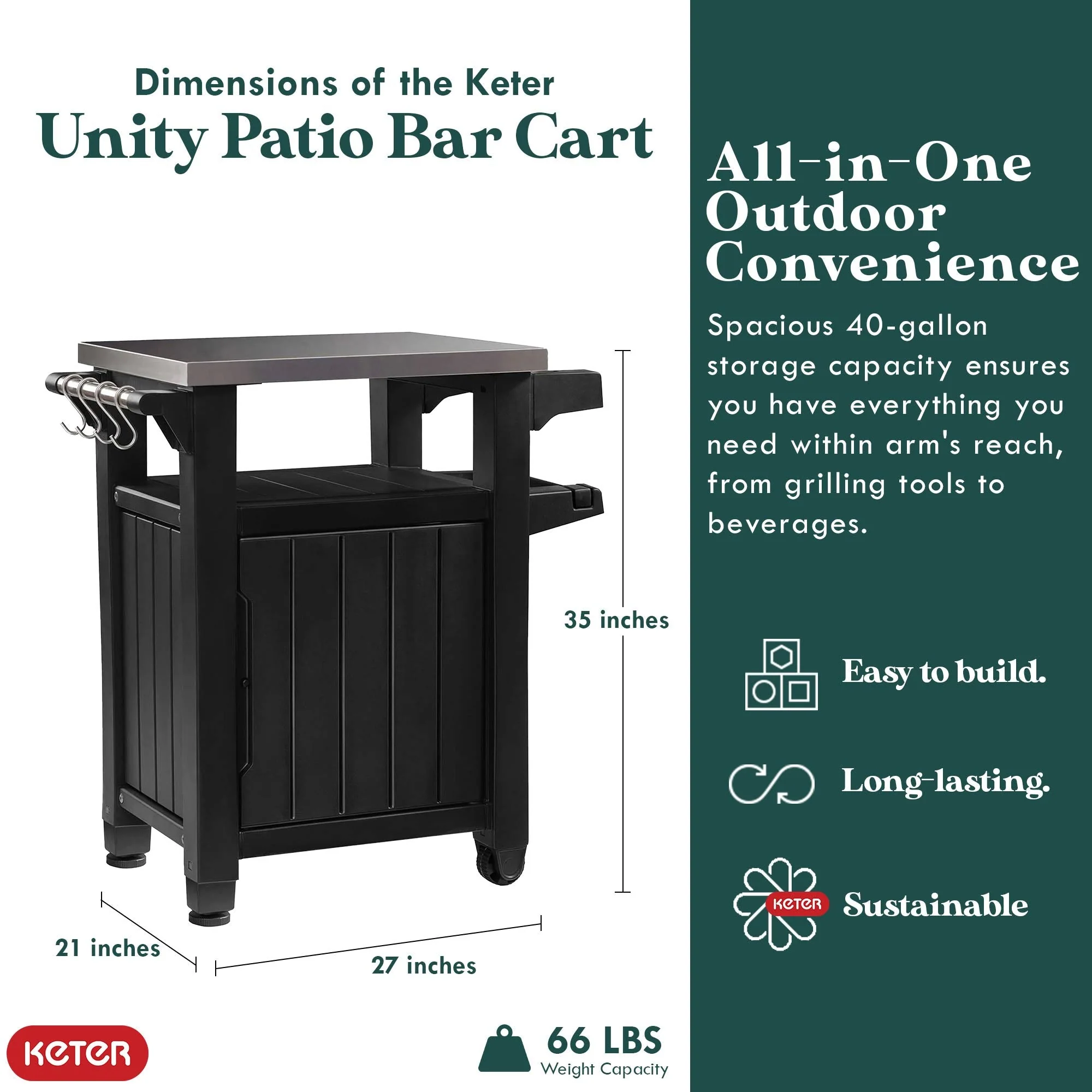 Keter Unity 40 Gal Grilling Bar Cart with Westwood 150 Gal Storage Deck Box - Image 4