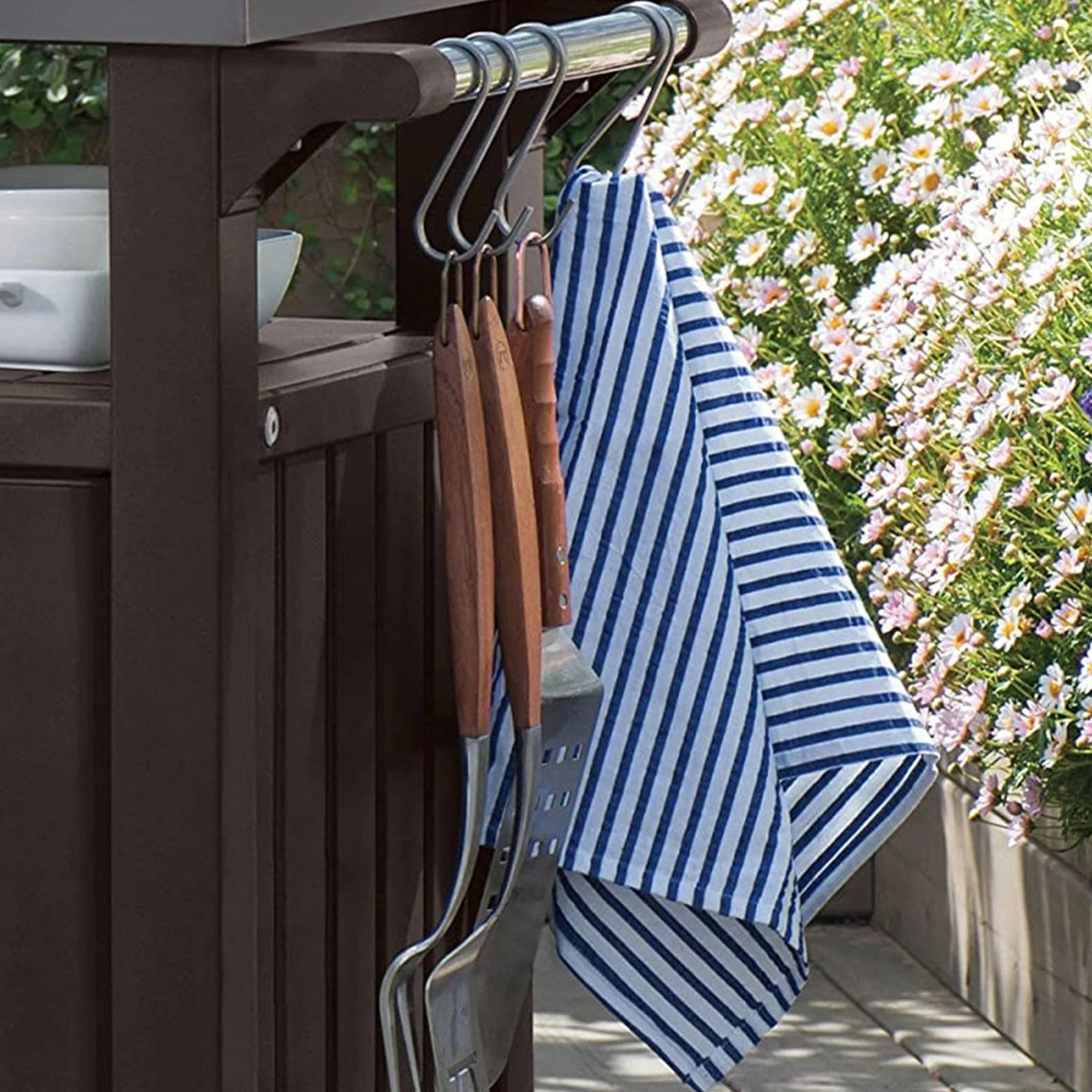 Keter Unity 40 Gal Patio Storage Grilling Bar Cart w/ Stainless Steel Top, Brown - Image 6