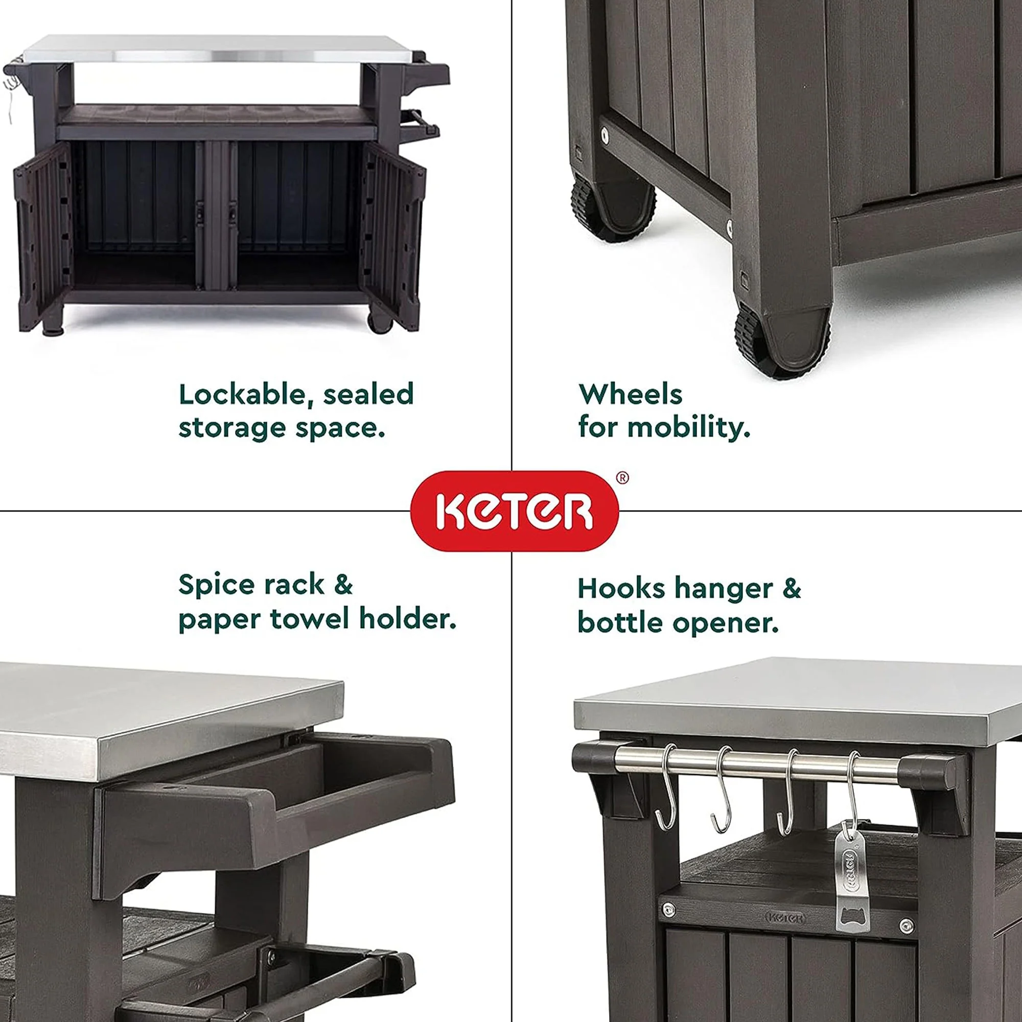 Keter Unity XL Outdoor Kitchen Rolling Bar Cart with Storage Cabinet, Brown - Image 3