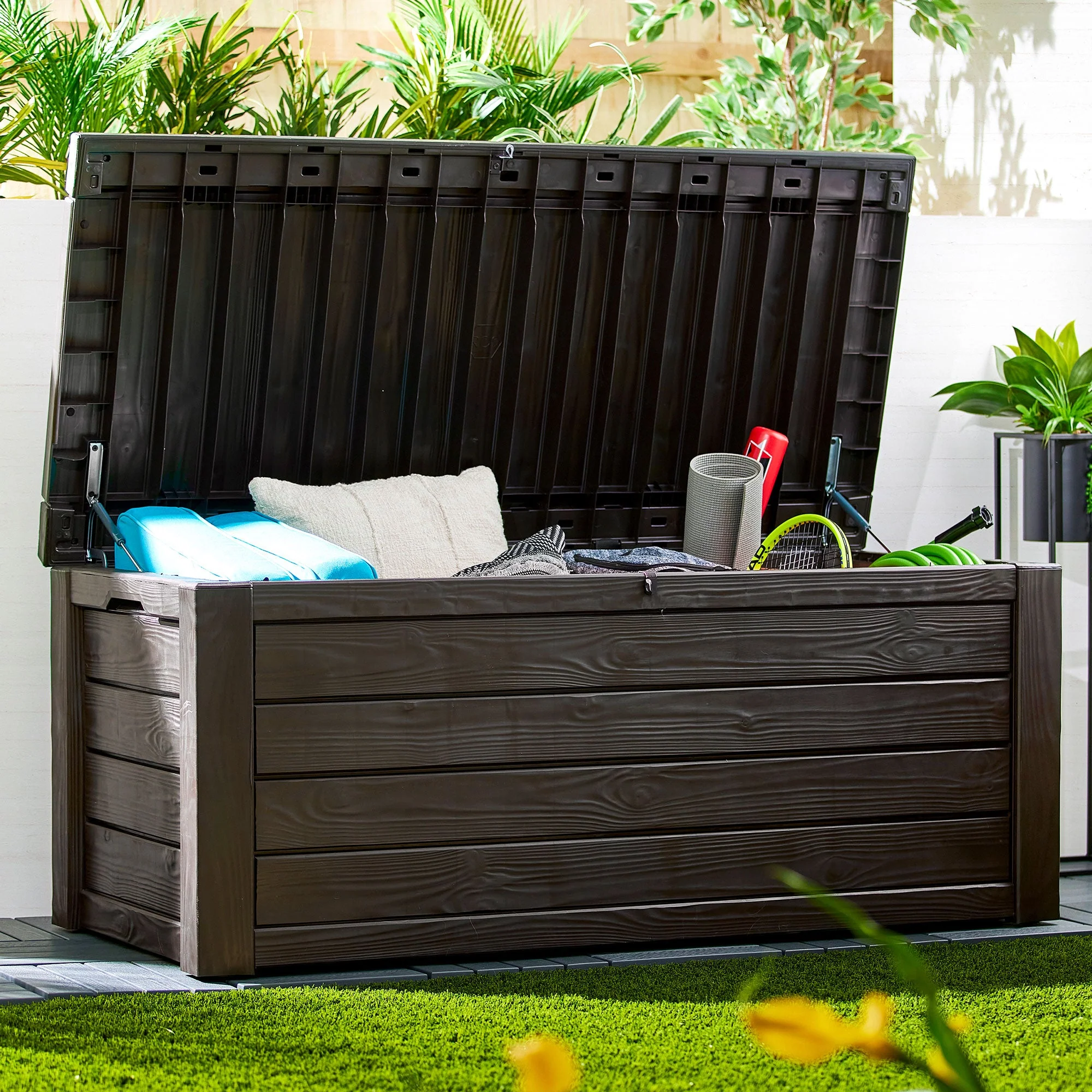 Keter Westwood Outdoor 150 Gal Deck Storage Box for Yard Tools, Brown (2 Pack) - Image 7