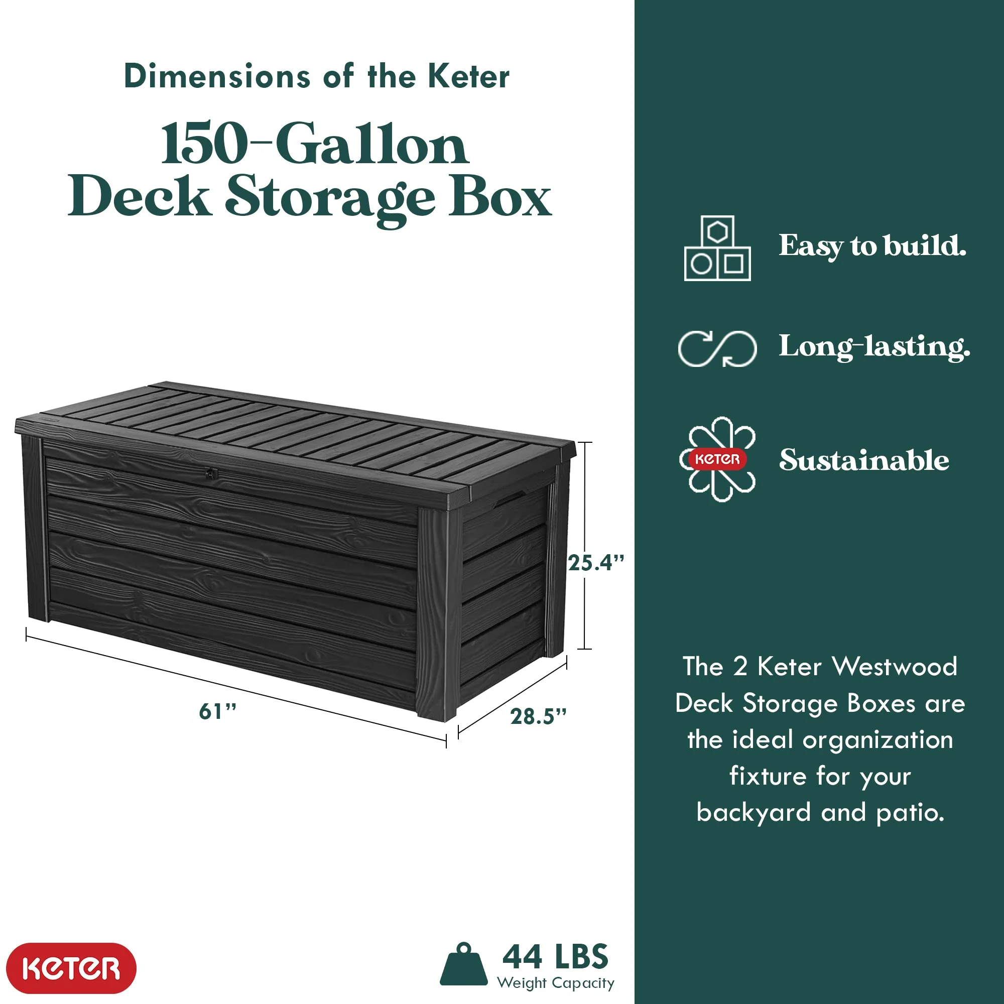 Keter Westwood Outdoor 150 Gal Deck Storage Box for Yard Tools, Grey (2 Pack) - Image 4