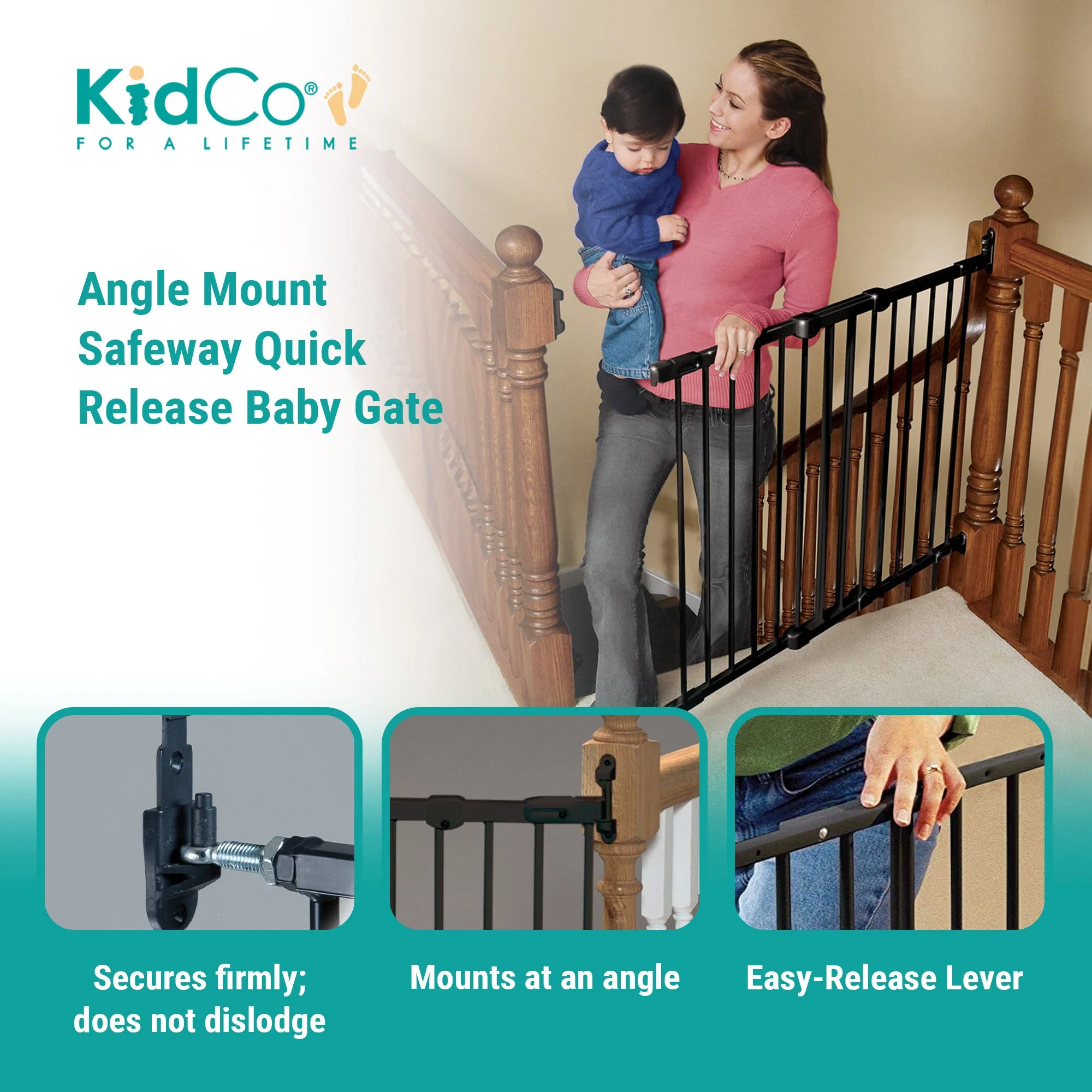 KidCo Angle Mount Safeway Stair Top Quick Release Baby Gate, 42.5x30.5 In, Black - Image 2
