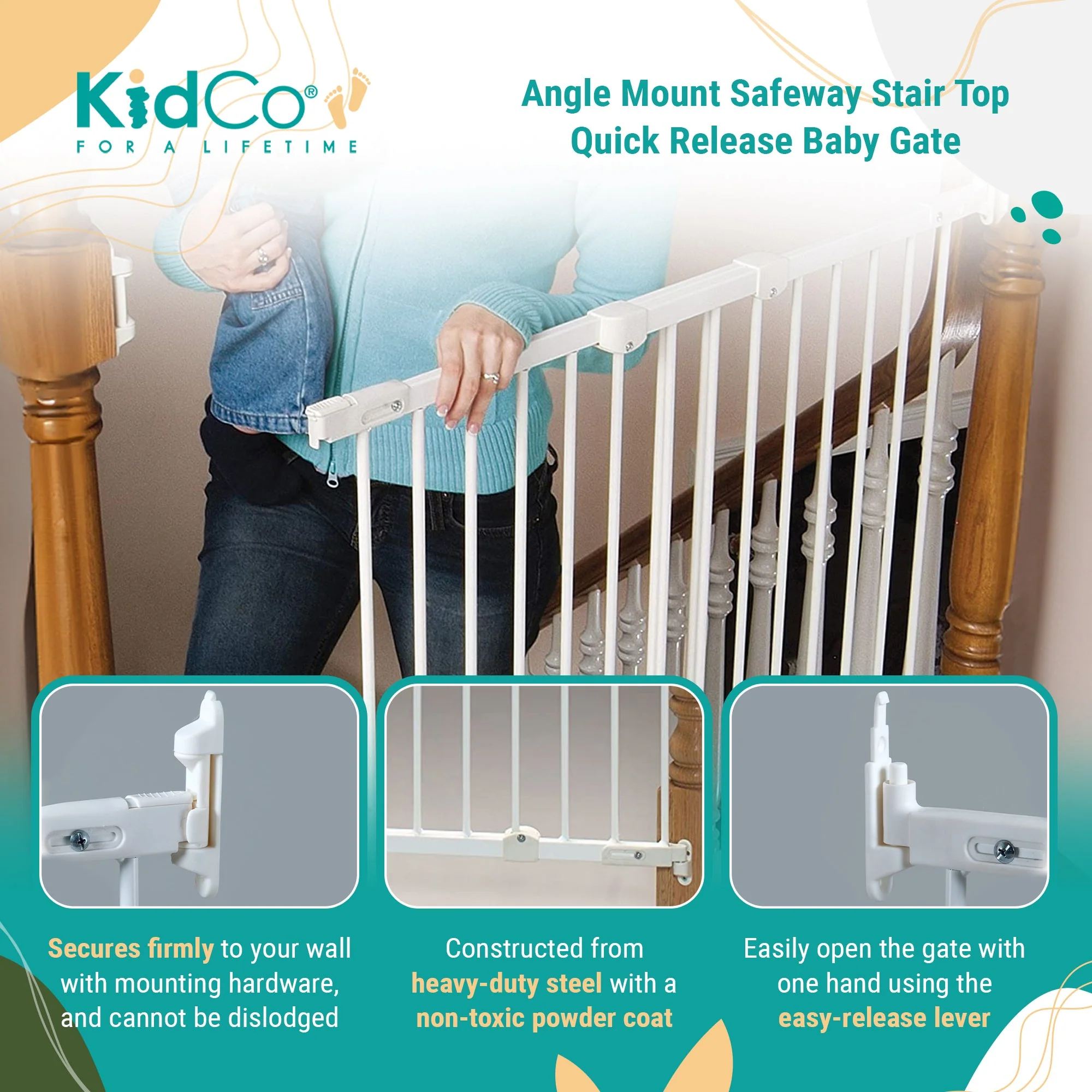 KidCo Angle Mount Safeway Stair Top Quick Release Baby Gate, White (2 Pack) - Image 3