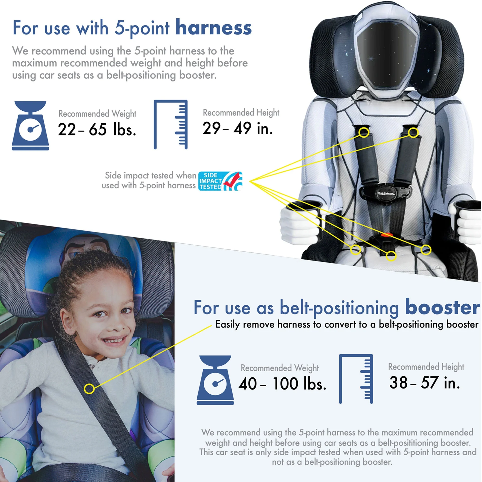 KidsEmbrace 2-in-1 Convertible 5 Point Harness Booster Car Belt Seat, Astronaut - Image 5