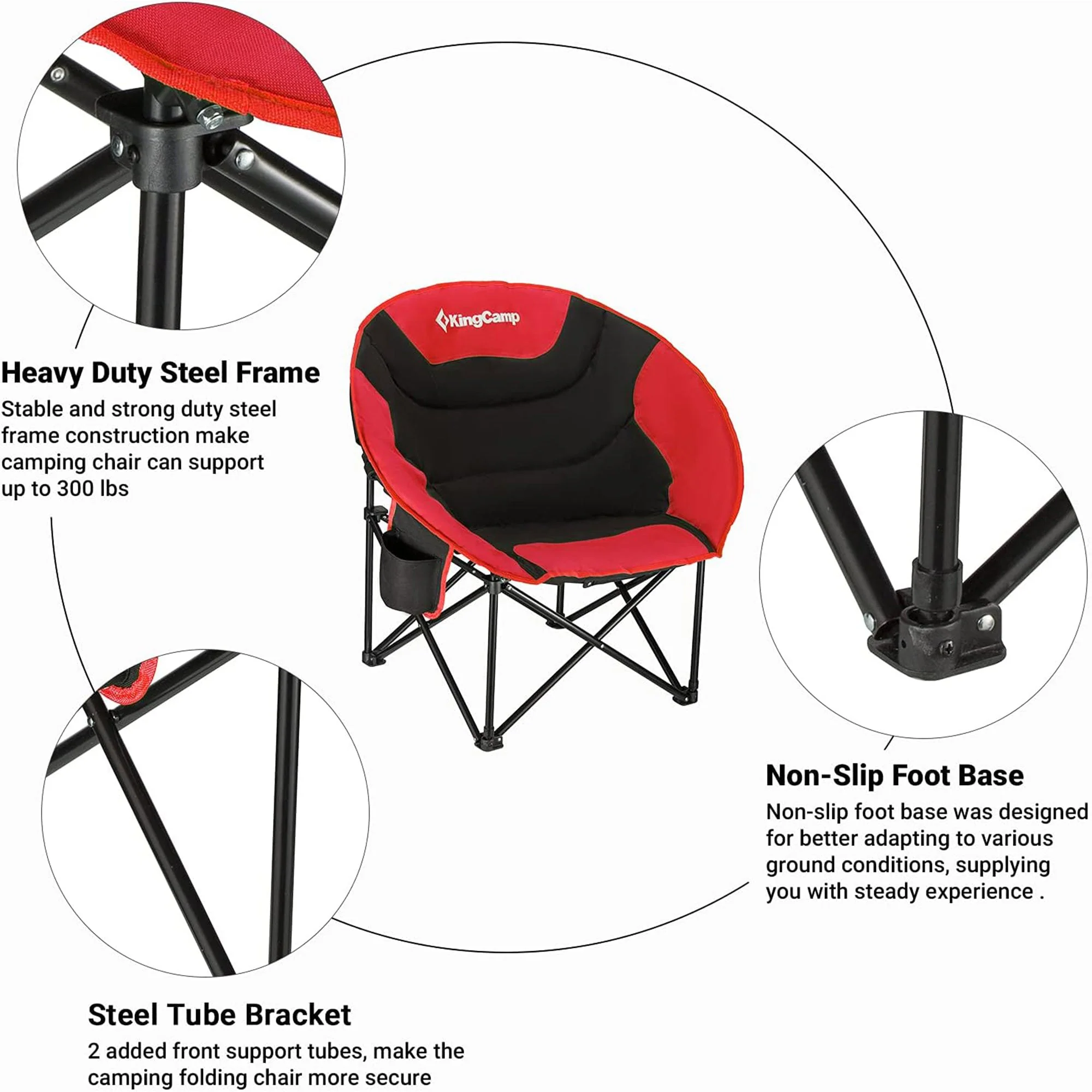 KingCamp Foldable Saucer Camping Lounge Chair w/ Cupholder Storage, Black/Red - Image 4