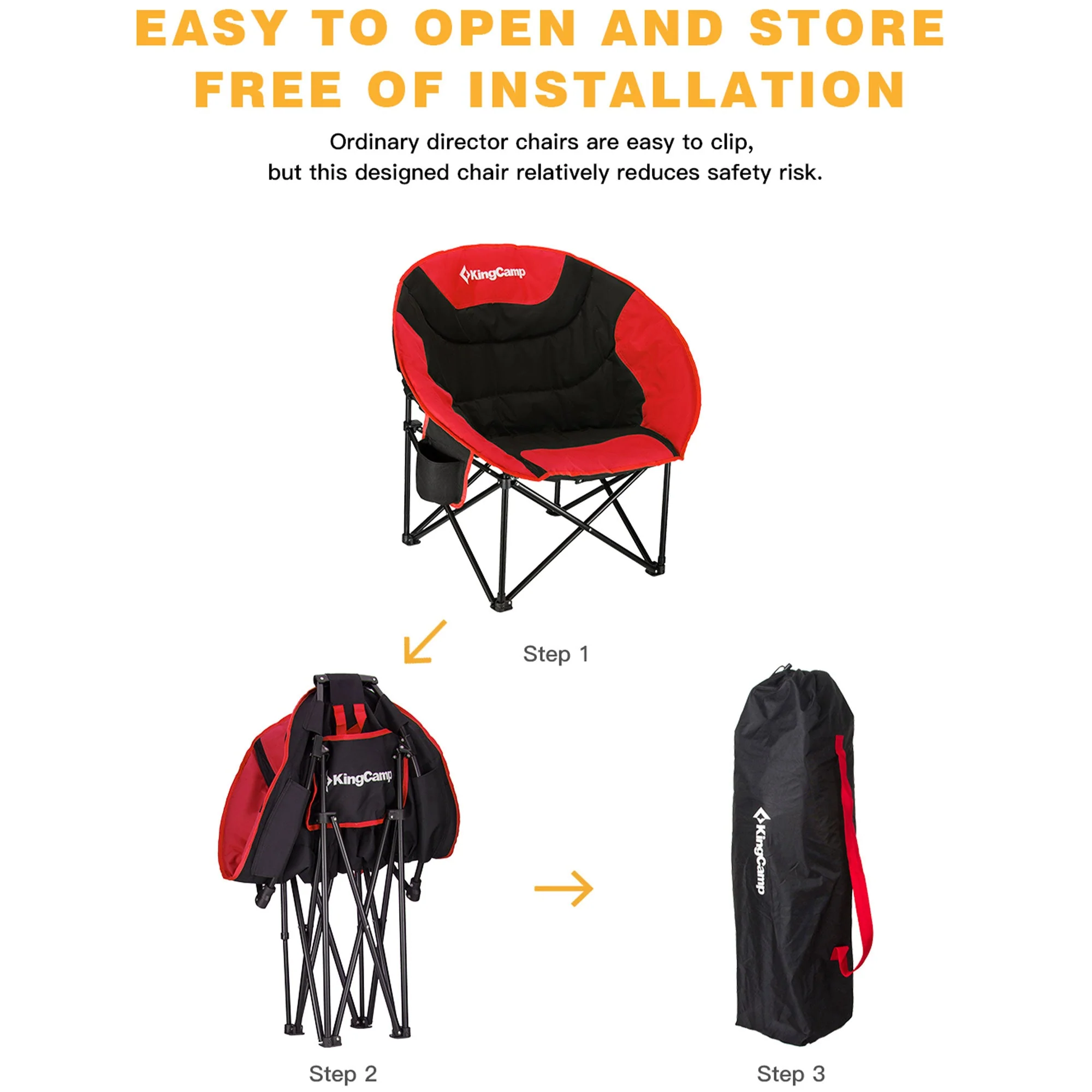 KingCamp Foldable Saucer Camping Lounge Chair w/ Cupholder Storage, Black/Red - Image 7