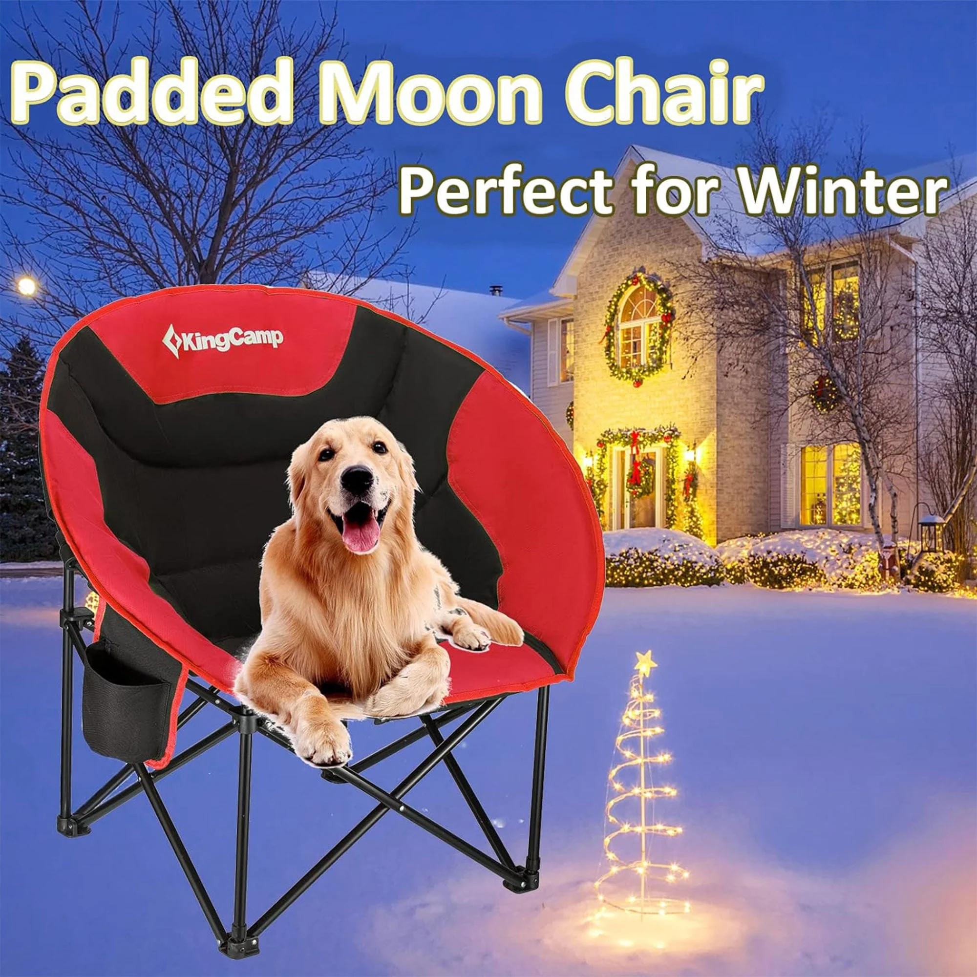 KingCamp Foldable Saucer Camping Lounge Chair w/ Cupholder Storage, Black/Red - Image 9