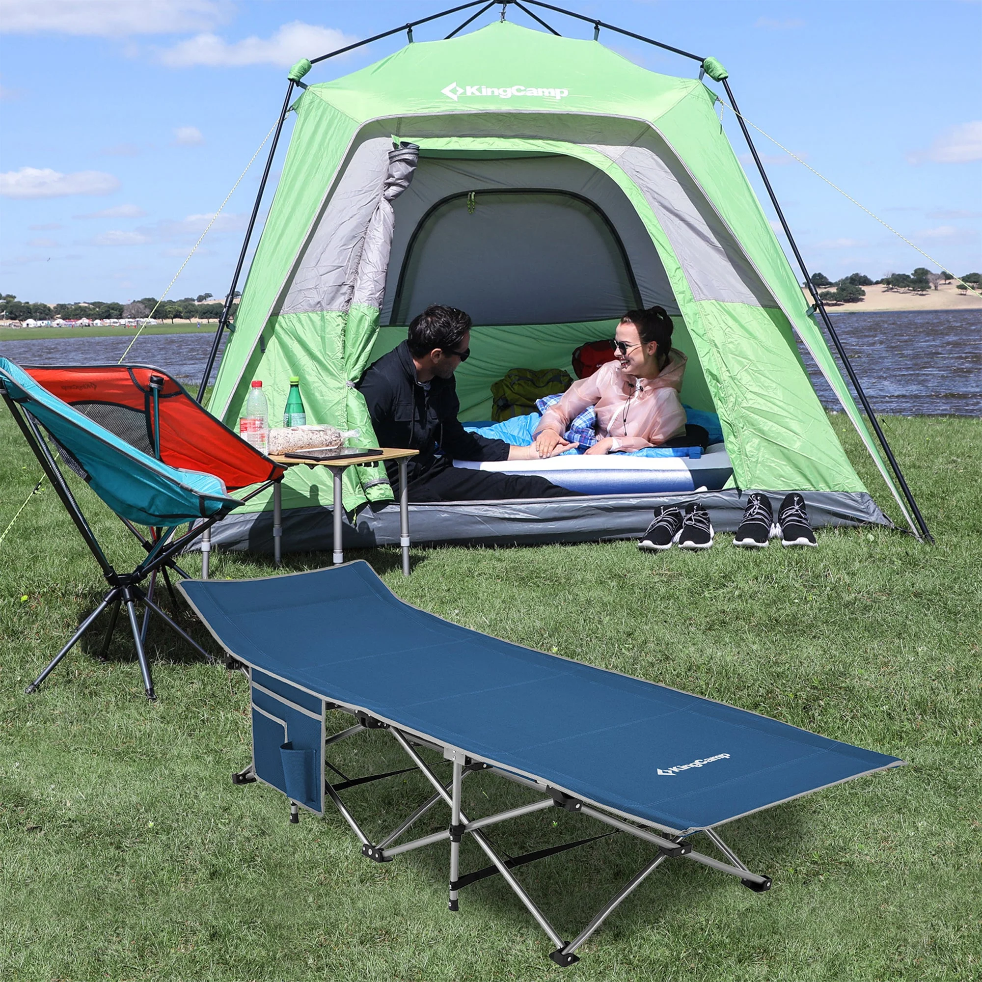 KingCamp Folding Portable Outdoor Camping Cot w/ Multi Layer Side Pocket, Blue - Image 9
