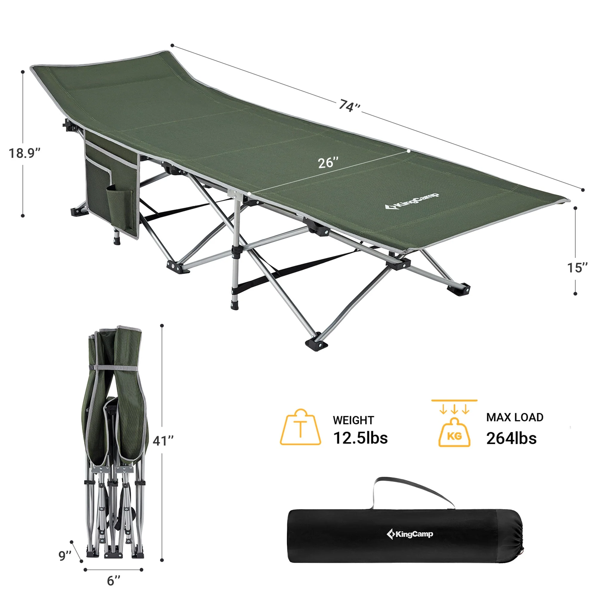 KingCamp Folding Portable Outdoor Camping Cot w/ Multi Layer Side Pocket, Green - Image 2