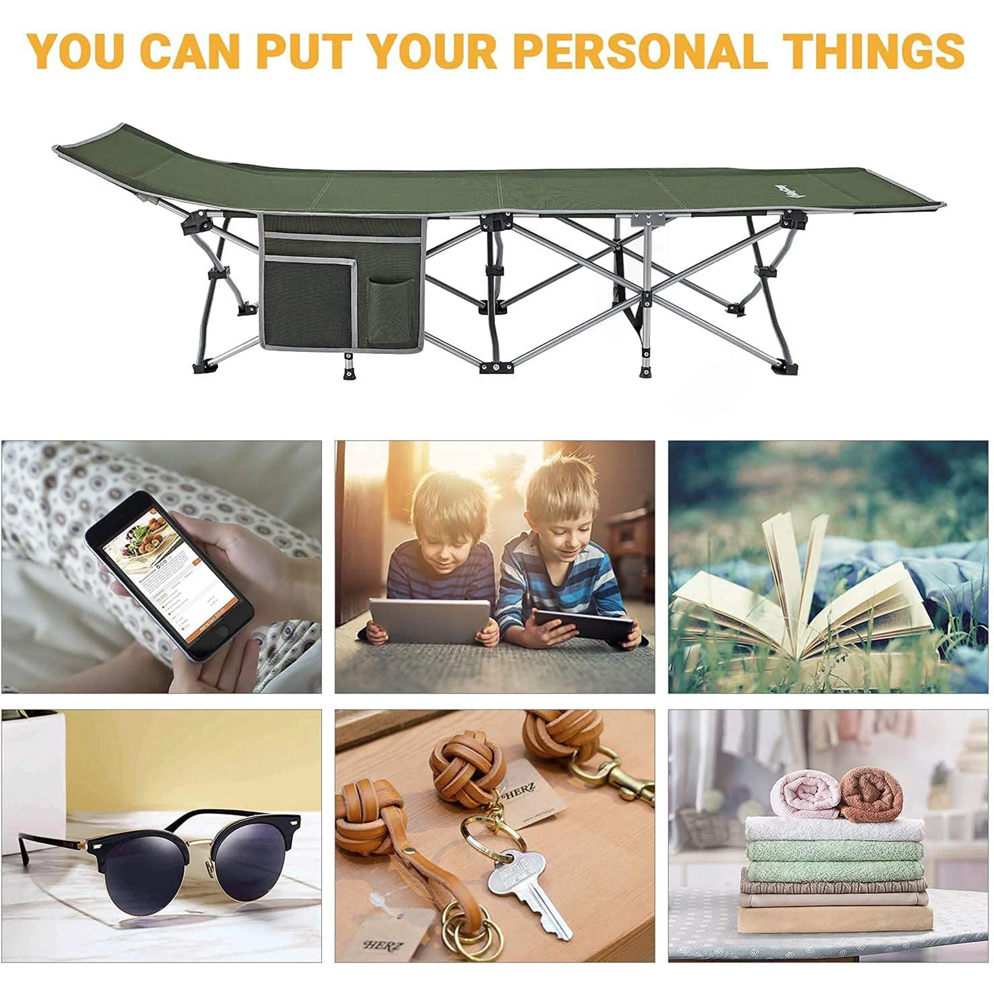 KingCamp Folding Portable Outdoor Camping Cot w/ Multi Layer Side Pocket, Green - Image 7