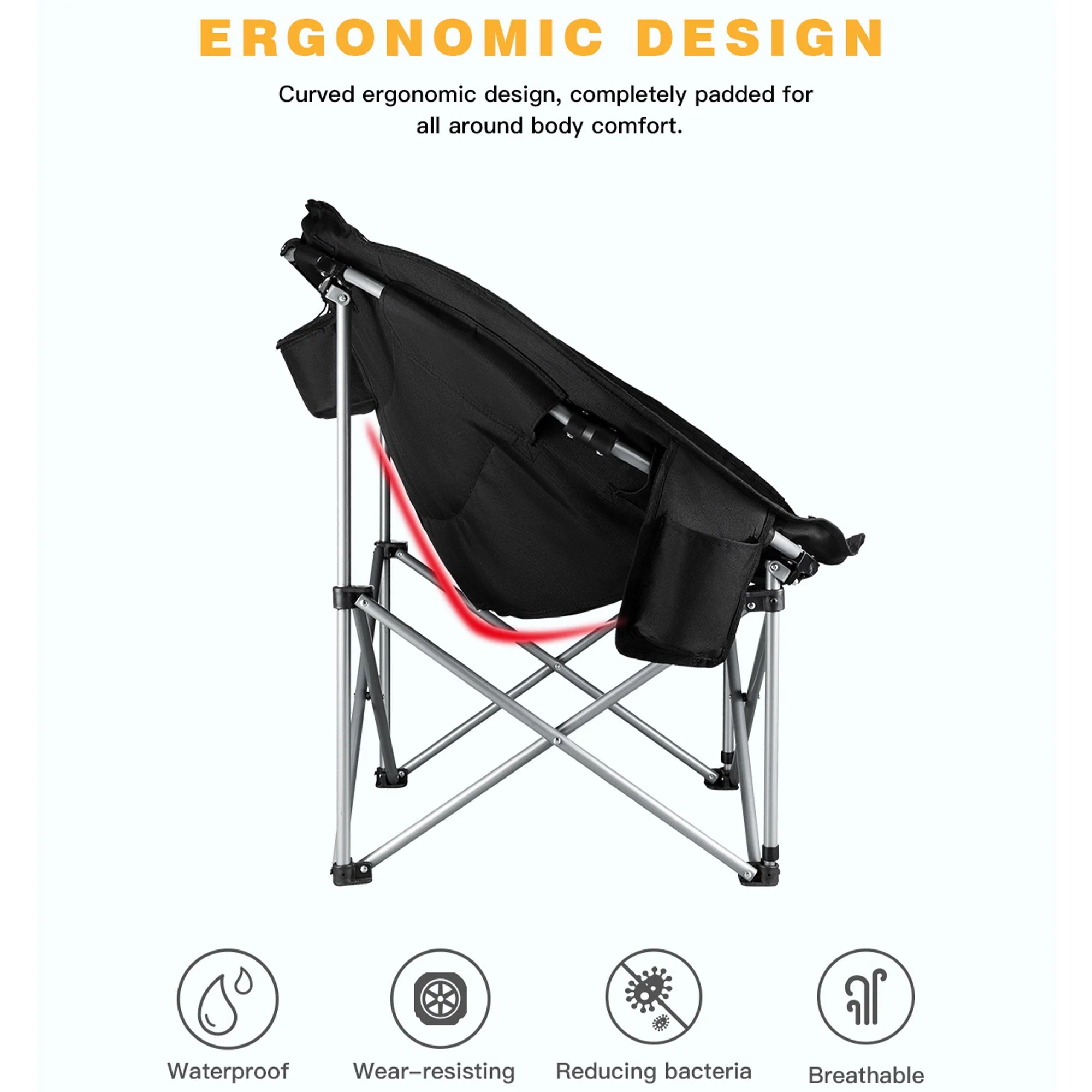 KingCamp Folding Saucer Lounge Chair with Cup Holder Storage, Black/Medium Gray - Image 4