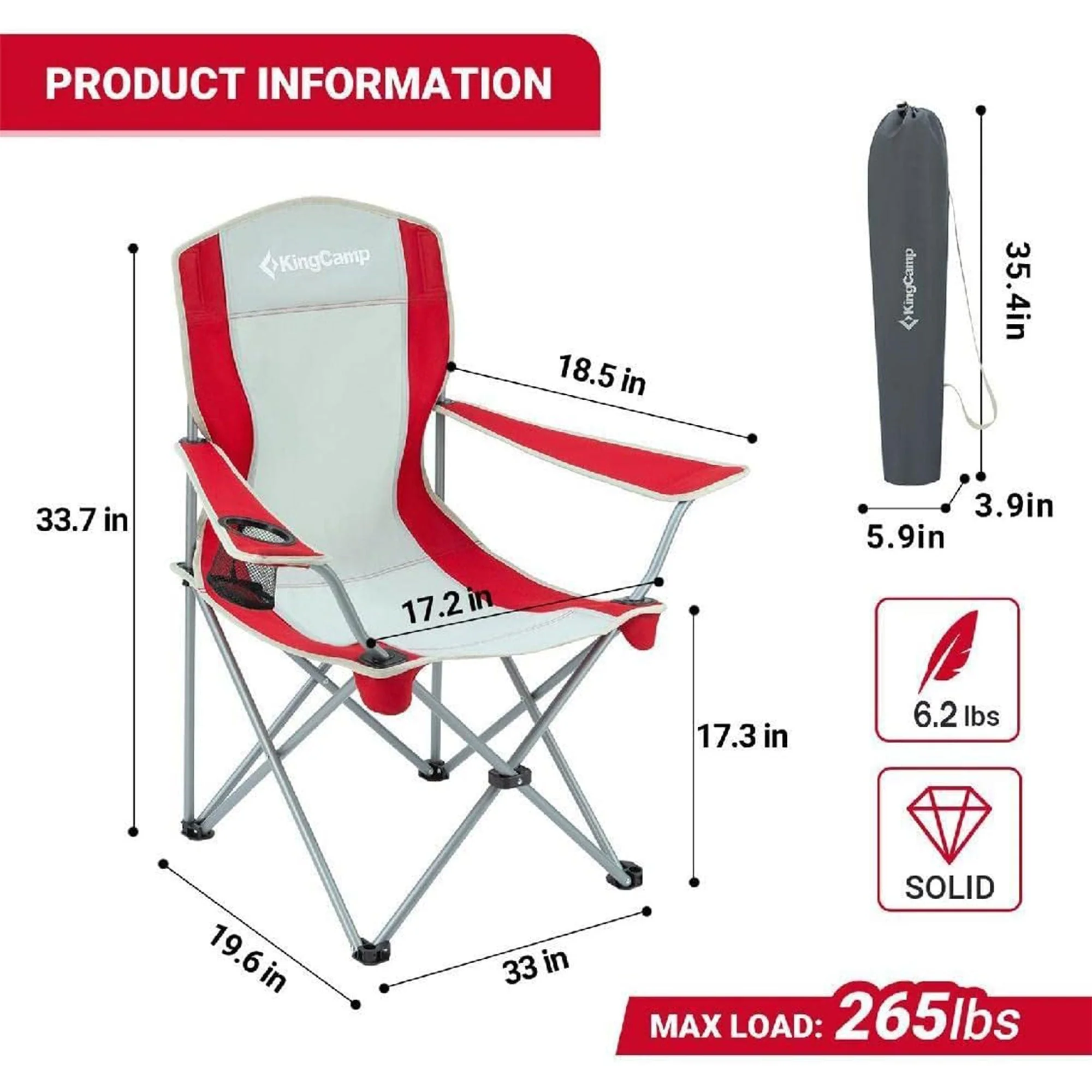 KingCamp Lightweight Folding Outdoor Camping Chair with Cupholder, Red/Gray - Image 3