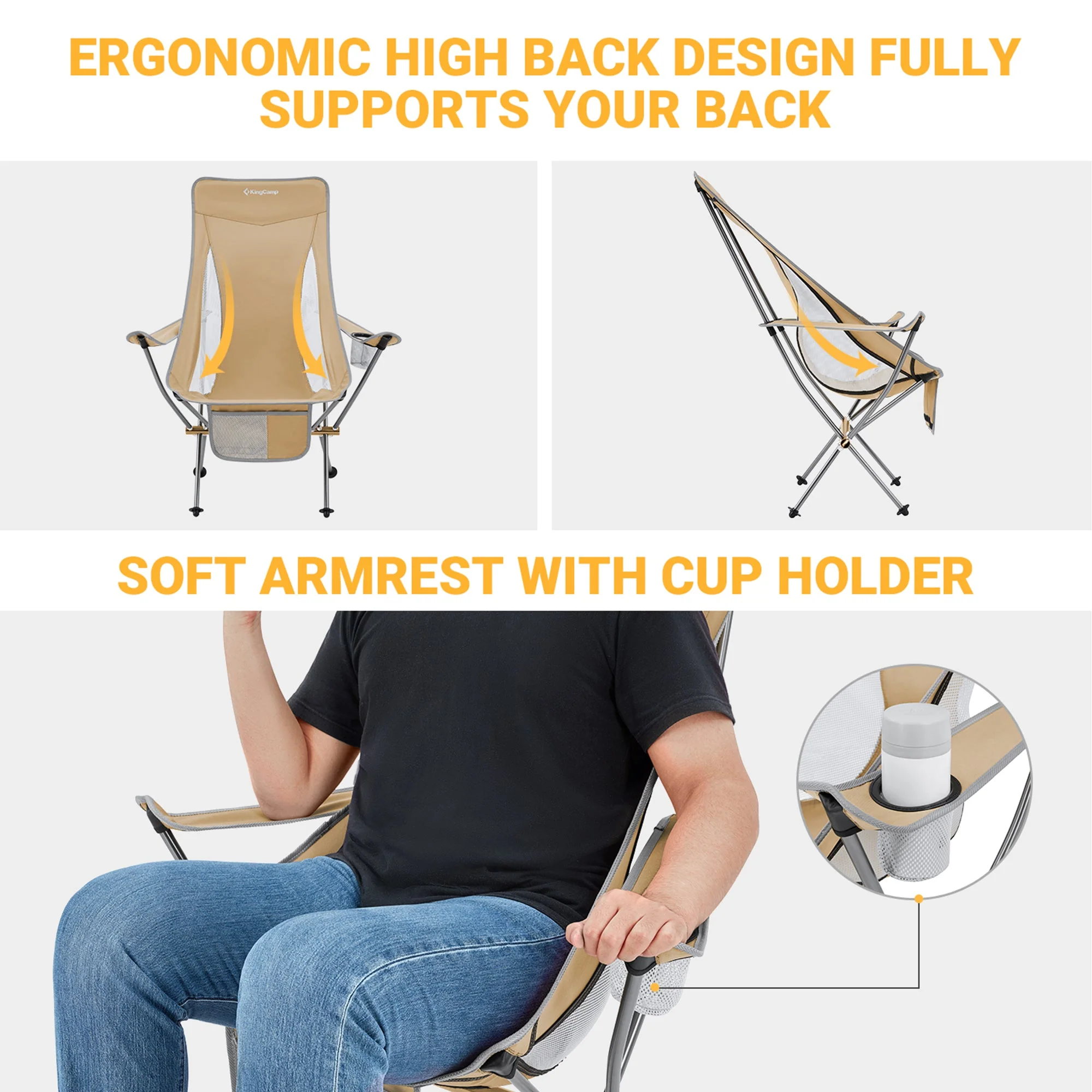 KingCamp Lightweight Highback Camp Lounge Chair with Cupholder & Pocket, Khaki - Image 6
