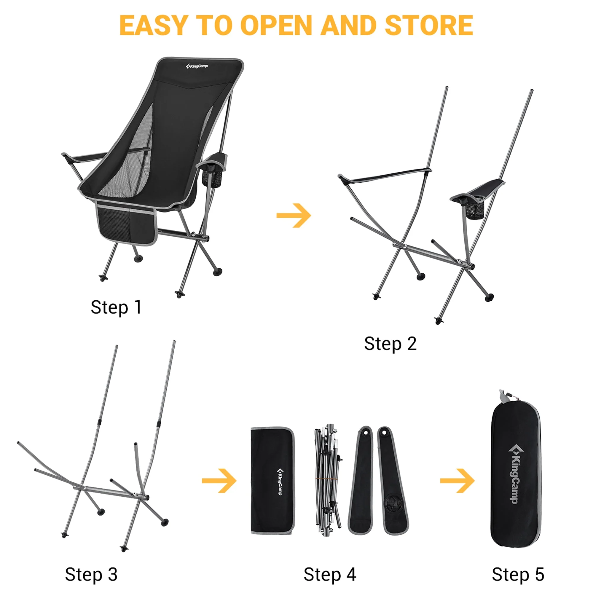 KingCamp Lightweight Highback Camping Chair with Cupholder & Pocket, Black/Grey - Image 4