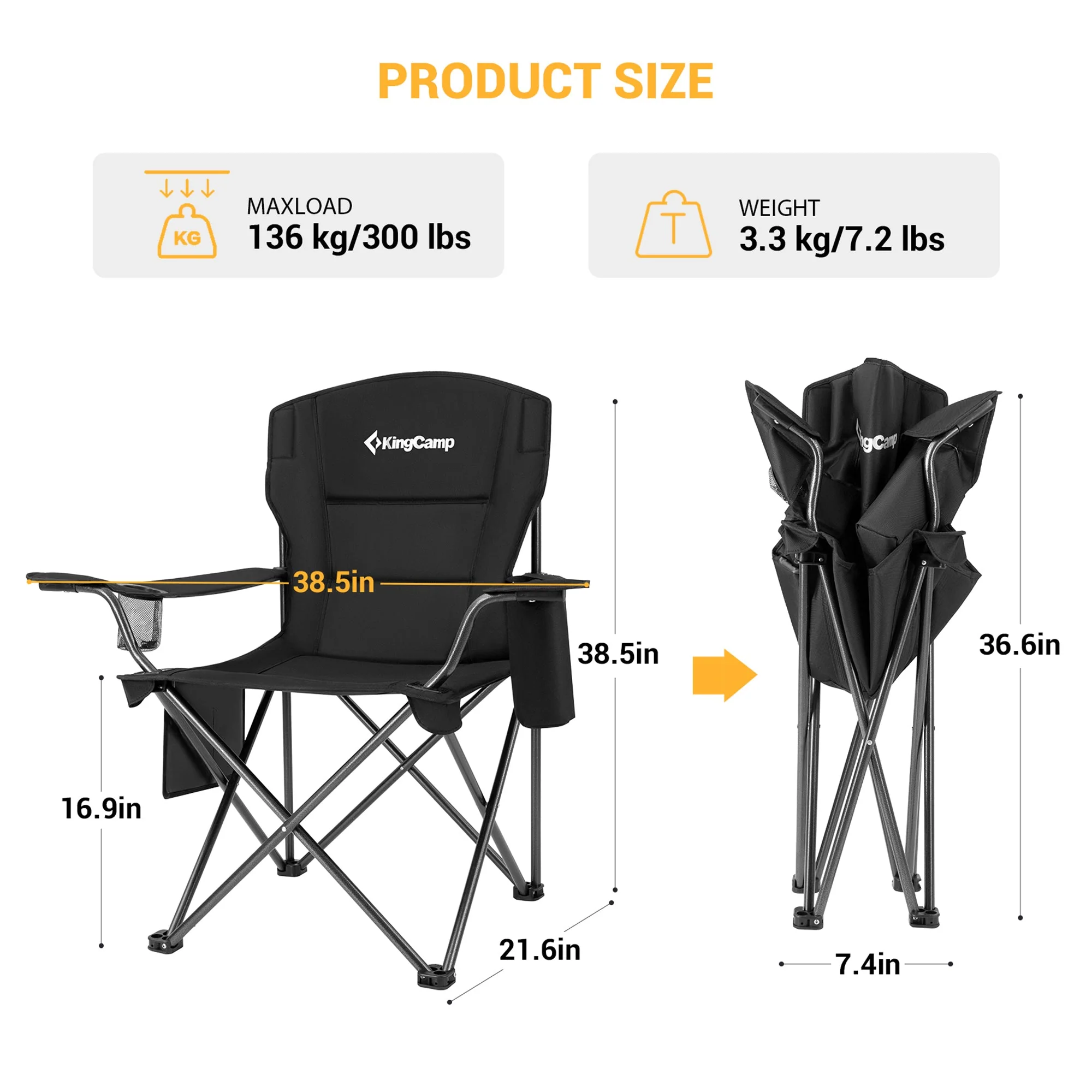 KingCamp Padded Folding Chair with Cupholder, Cooler, and Pocket, Black (2 Pack) - Image 2