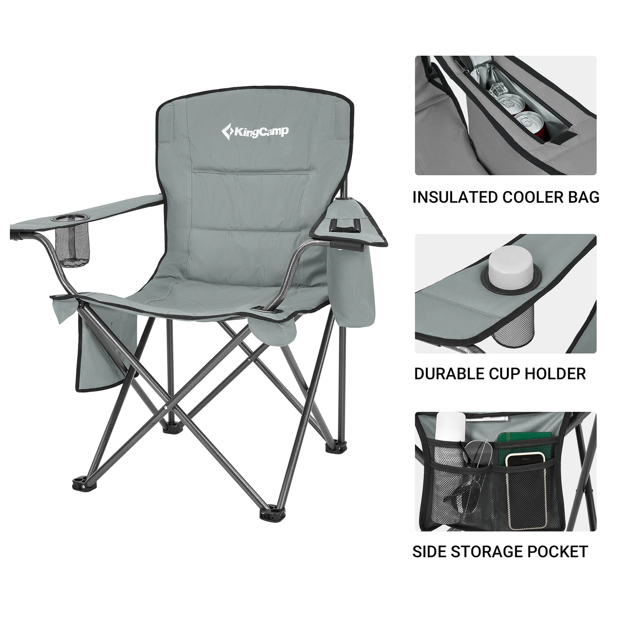KingCamp Padded Folding Chair with Cupholder, Cooler, and Pocket, Grey (2 Pack) - Image 4