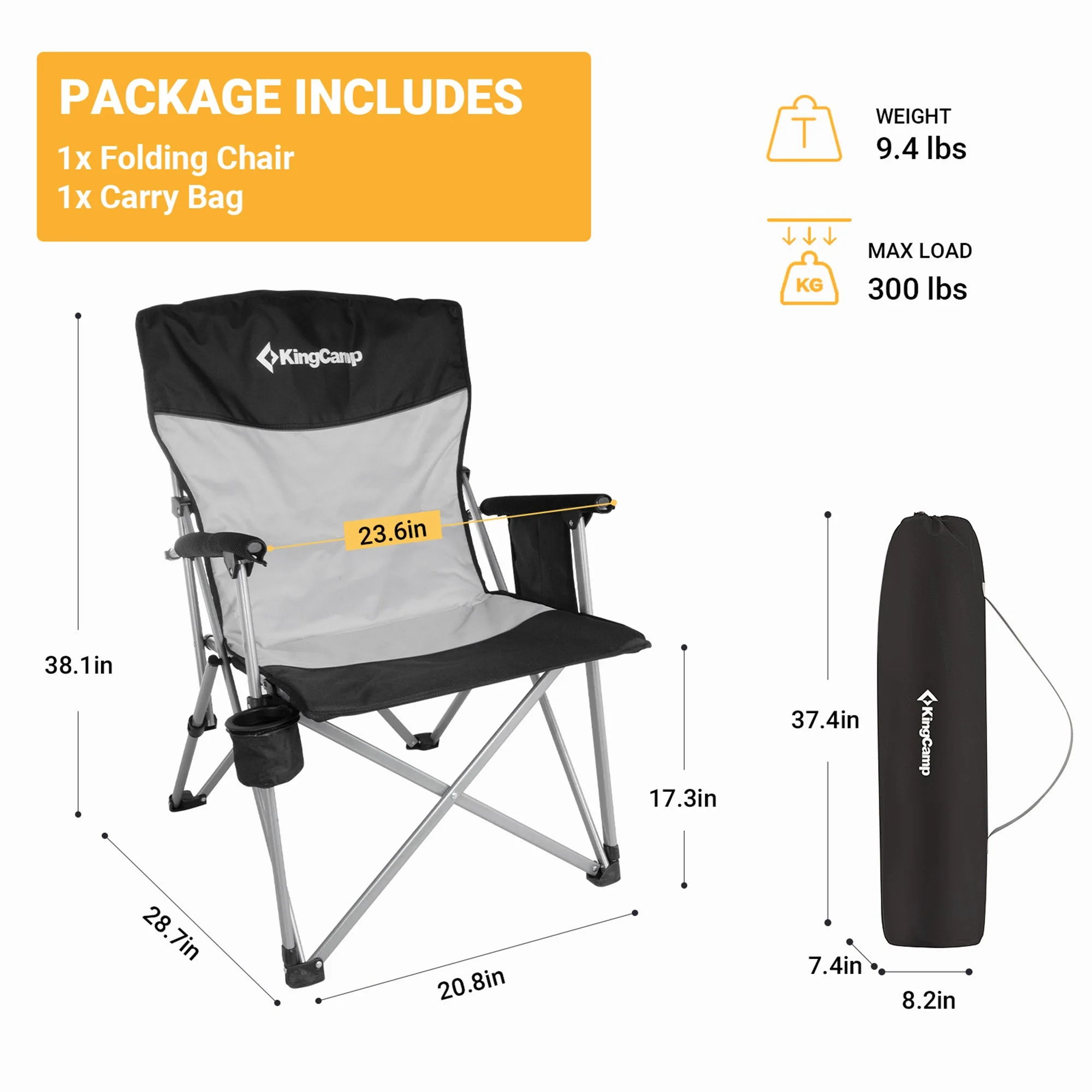 KingCamp Padded Outdoor Camping Lounge Chair with Cupholder & Pocket, Black/Grey - Image 6