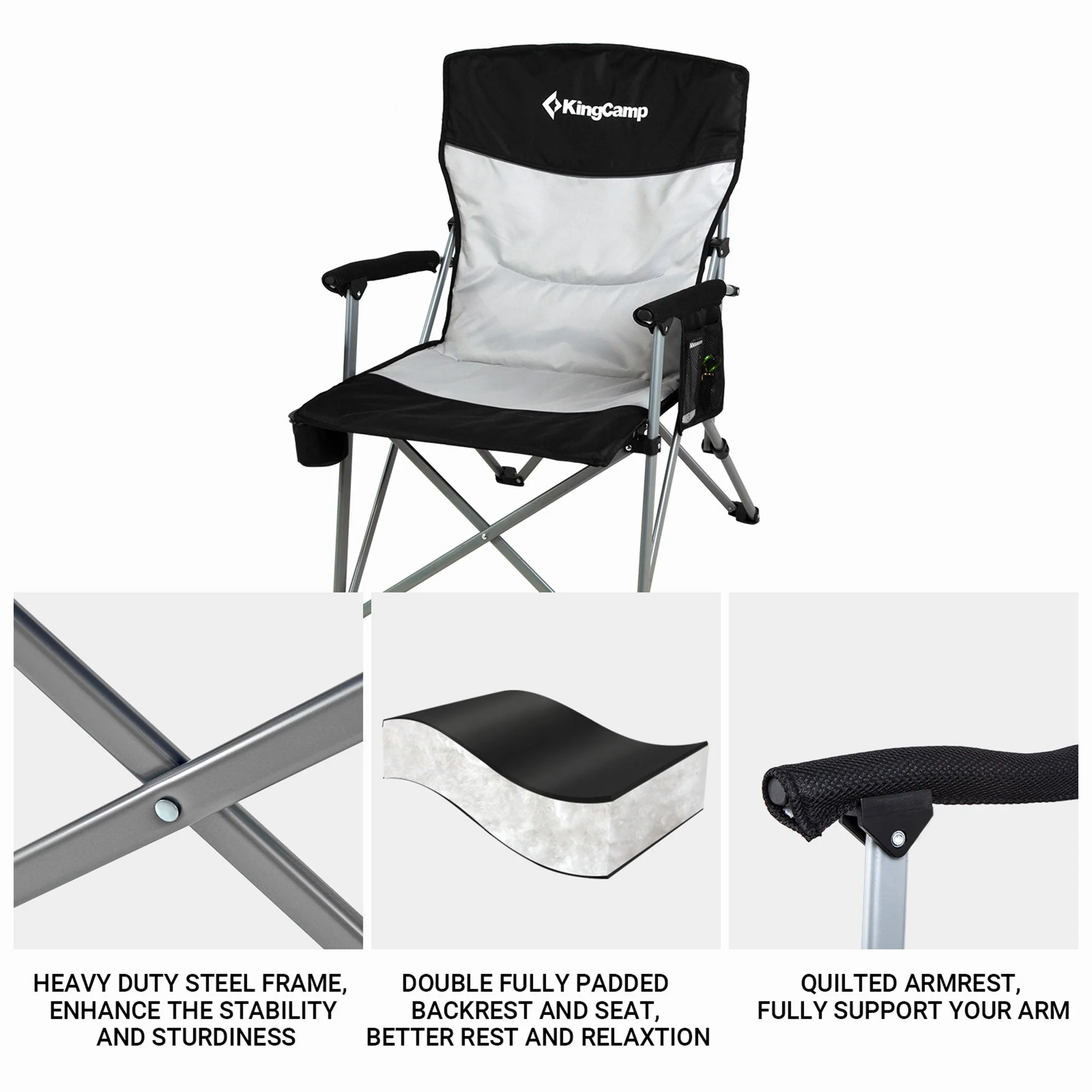 KingCamp Padded Outdoor Camping Lounge Chair with Cupholder & Pocket, Black/Grey - Image 7