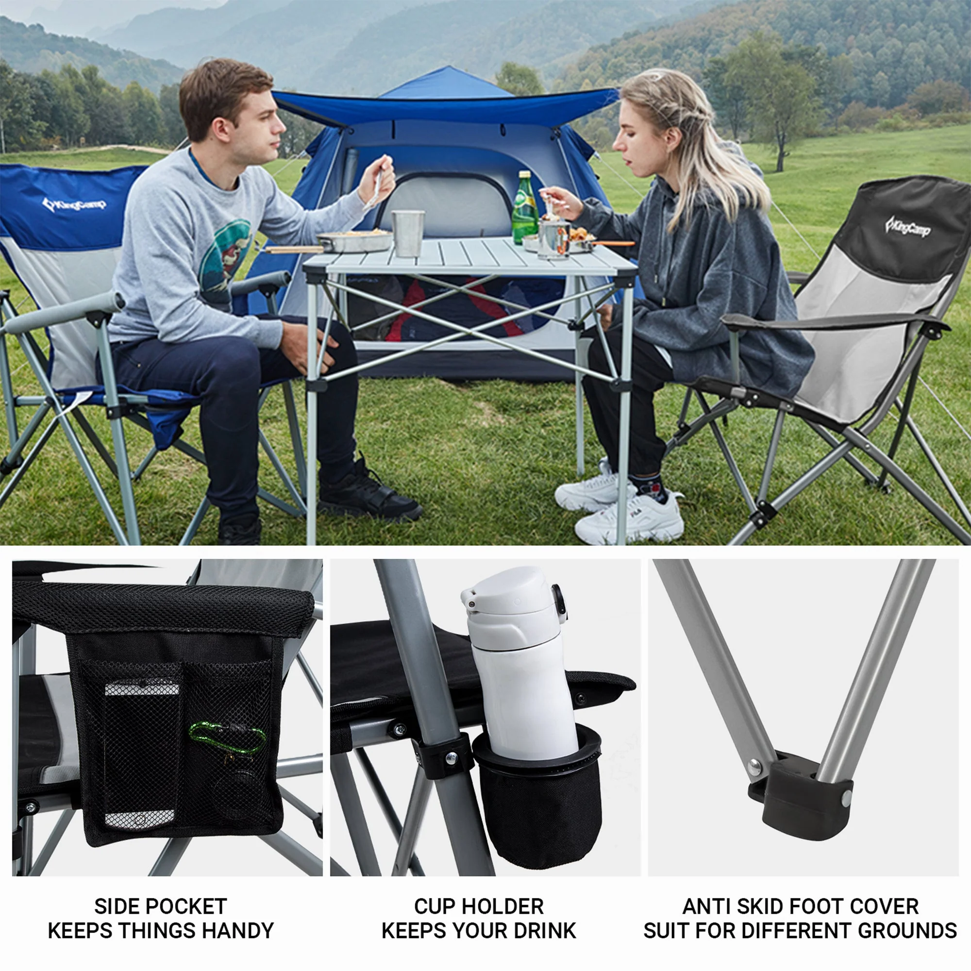 KingCamp Padded Outdoor Camping Lounge Chair with Cupholder & Pocket, Black/Grey - Image 9