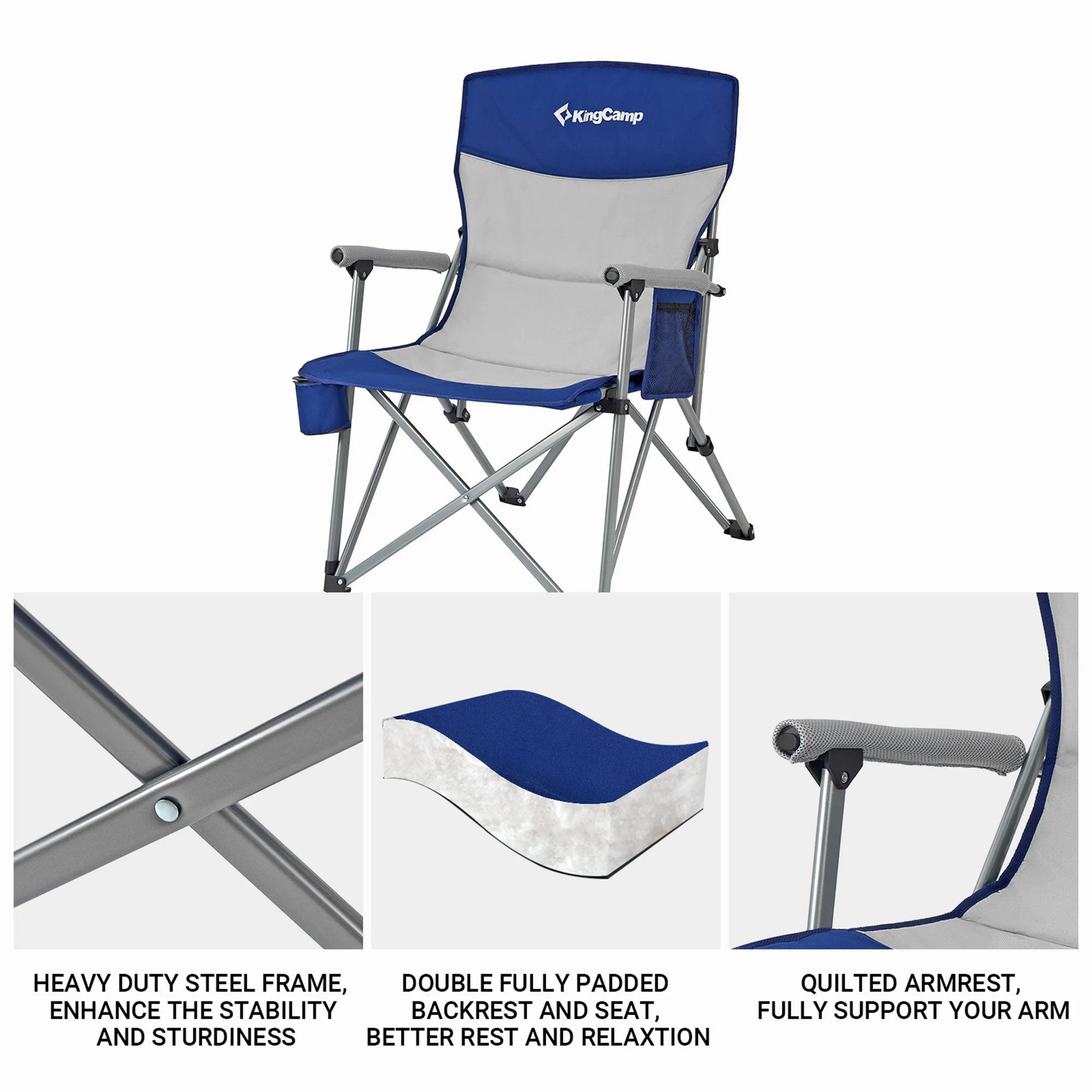 KingCamp Padded Outdoor Camping Lounge Chair with Cupholder & Pocket, Blue/Grey - Image 5