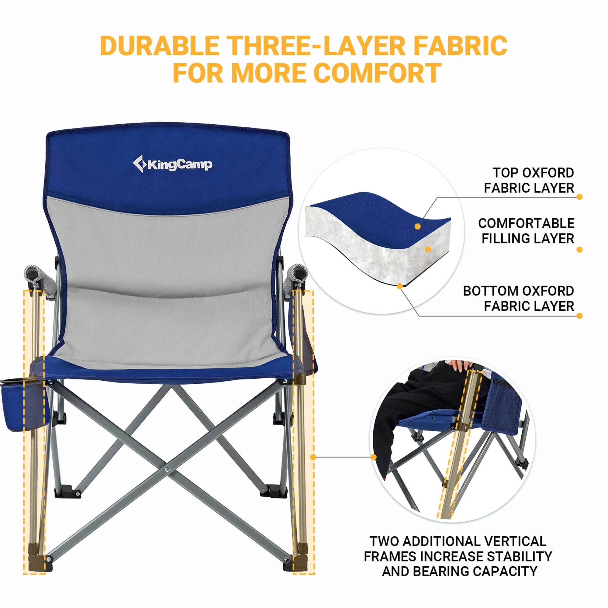 KingCamp Padded Outdoor Camping Lounge Chair with Cupholder & Pocket, Blue/Grey - Image 6