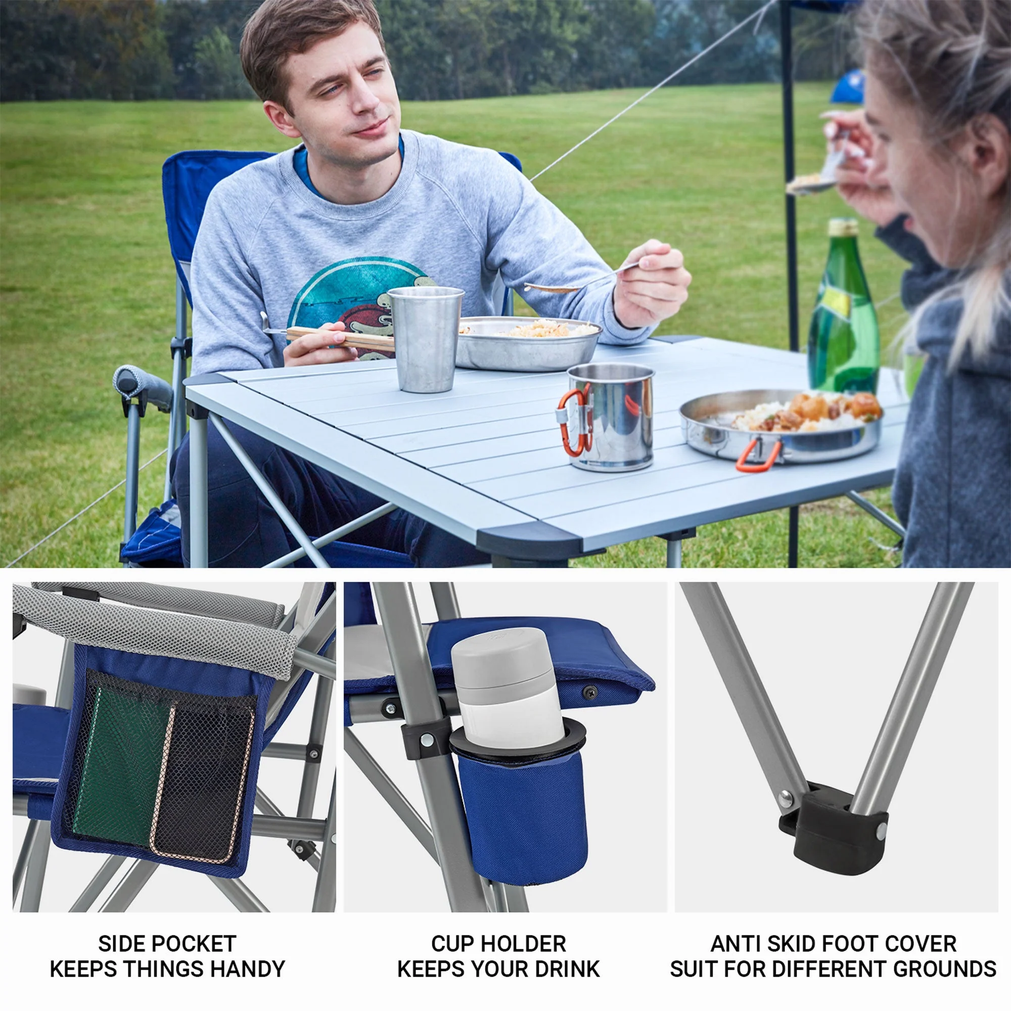 KingCamp Padded Outdoor Camping Lounge Chair with Cupholder & Pocket, Blue/Grey - Image 9