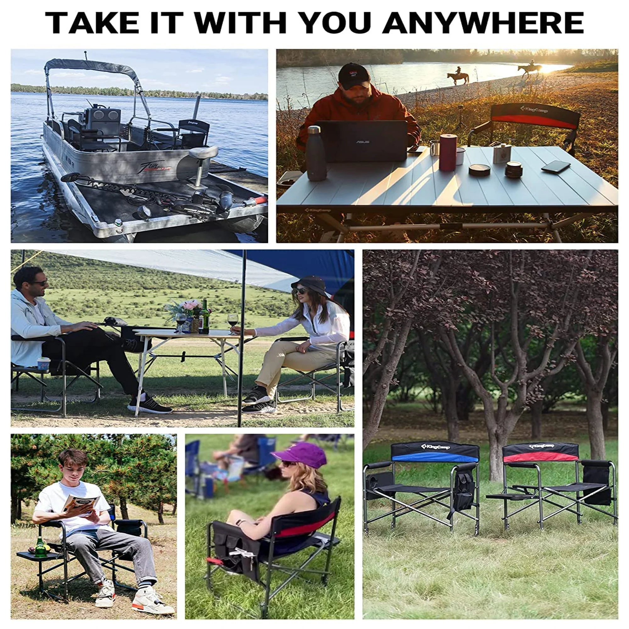 KingCamp Padded Outdoor Folding Chair with Table & Pockets, Black/Blue (2 Pack) - Image 10