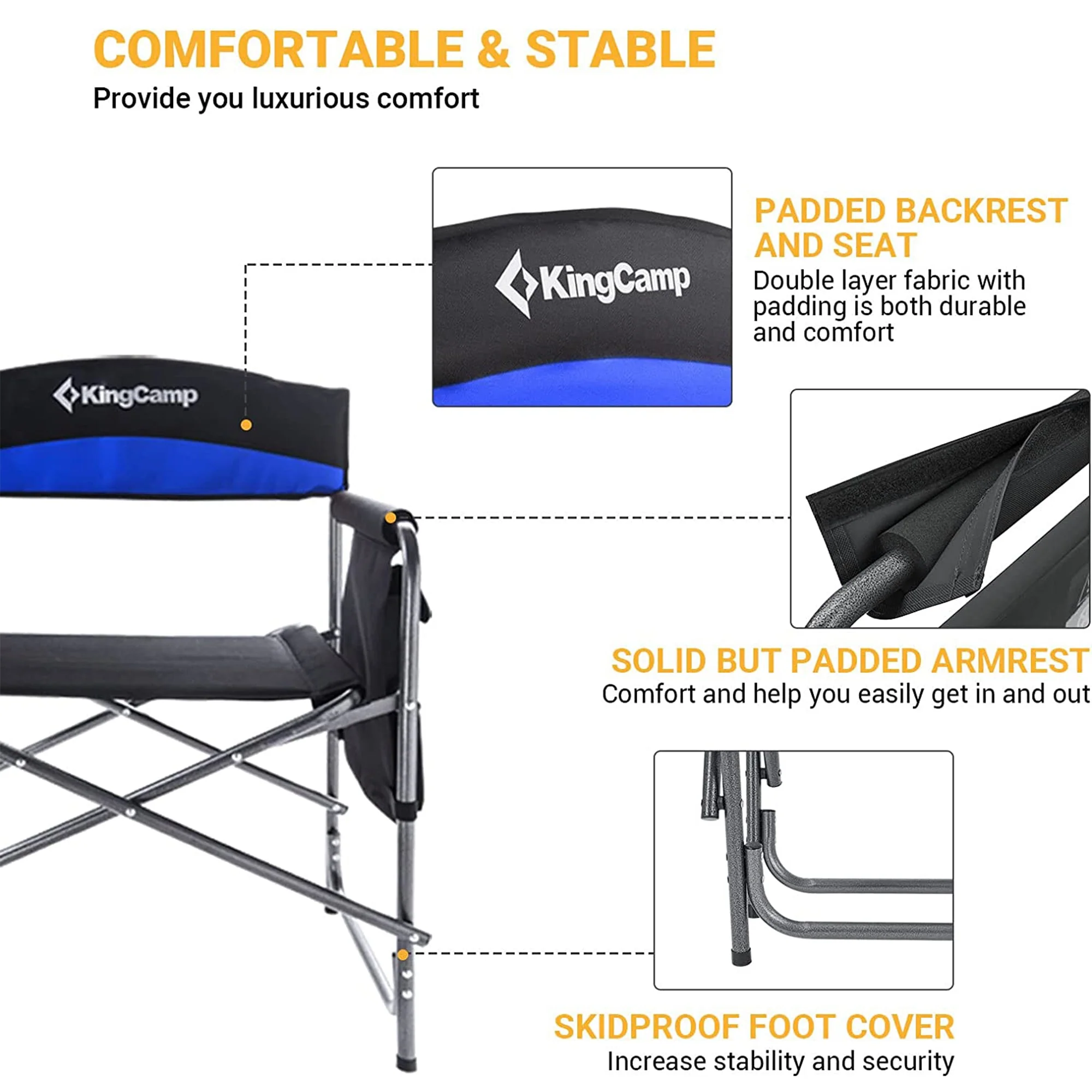 KingCamp Padded Outdoor Folding Chair with Table & Pockets, Black/Blue (2 Pack) - Image 6