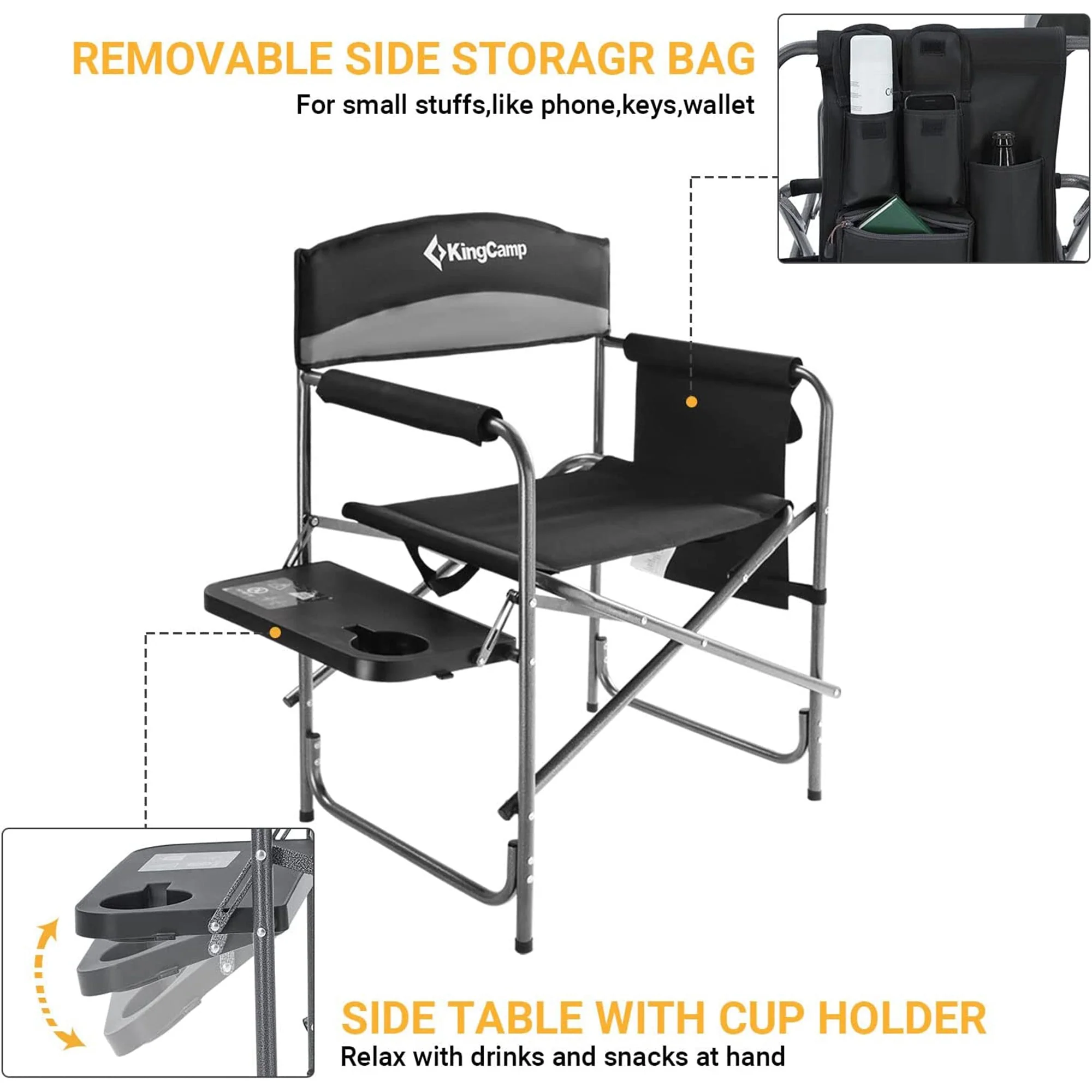 KingCamp Padded Outdoor Folding Chair with Table & Pockets, Black/Grey (2 Pack) - Image 9