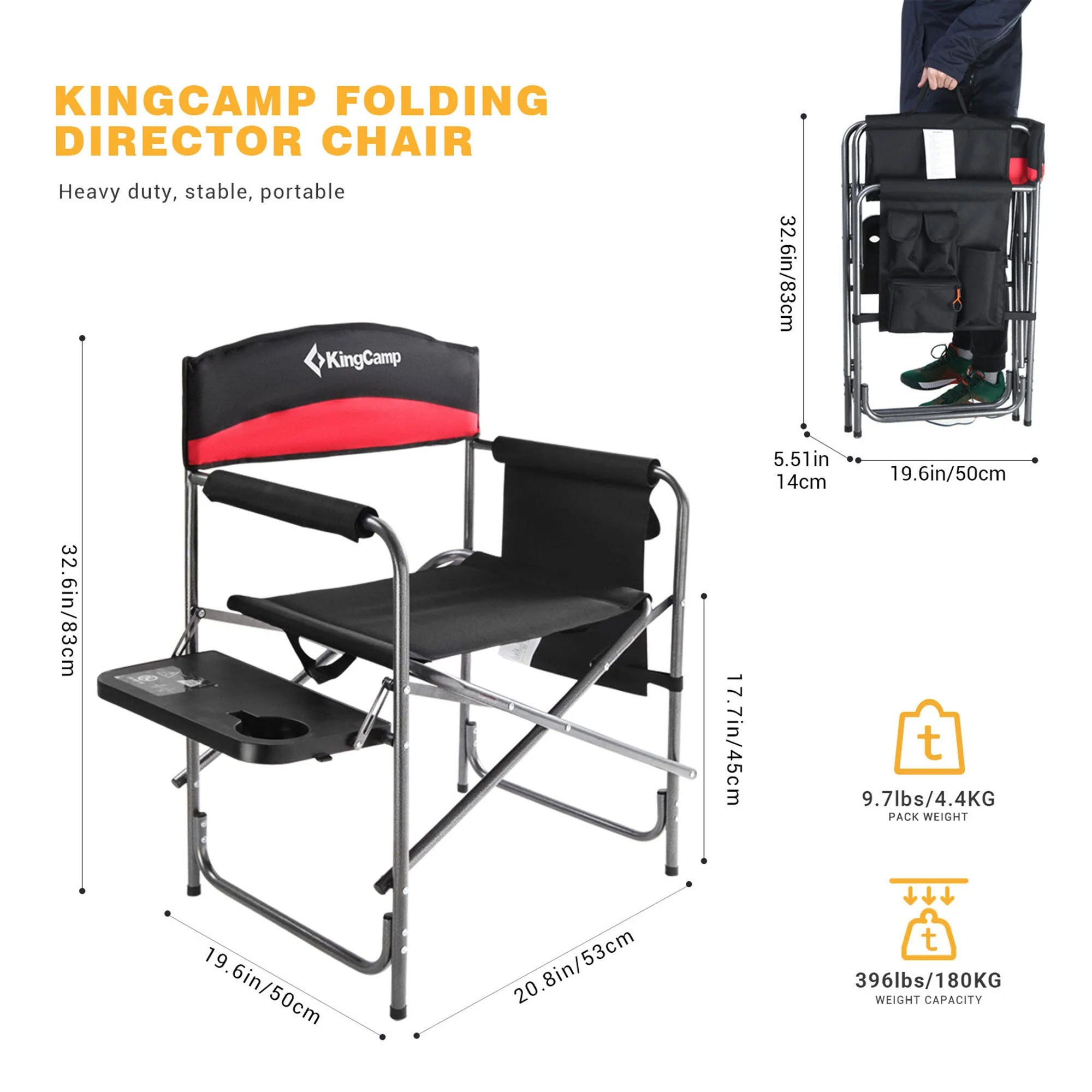KingCamp Padded Outdoor Folding Chair with Table & Pockets, Black/Red (2 Pack) - Image 3