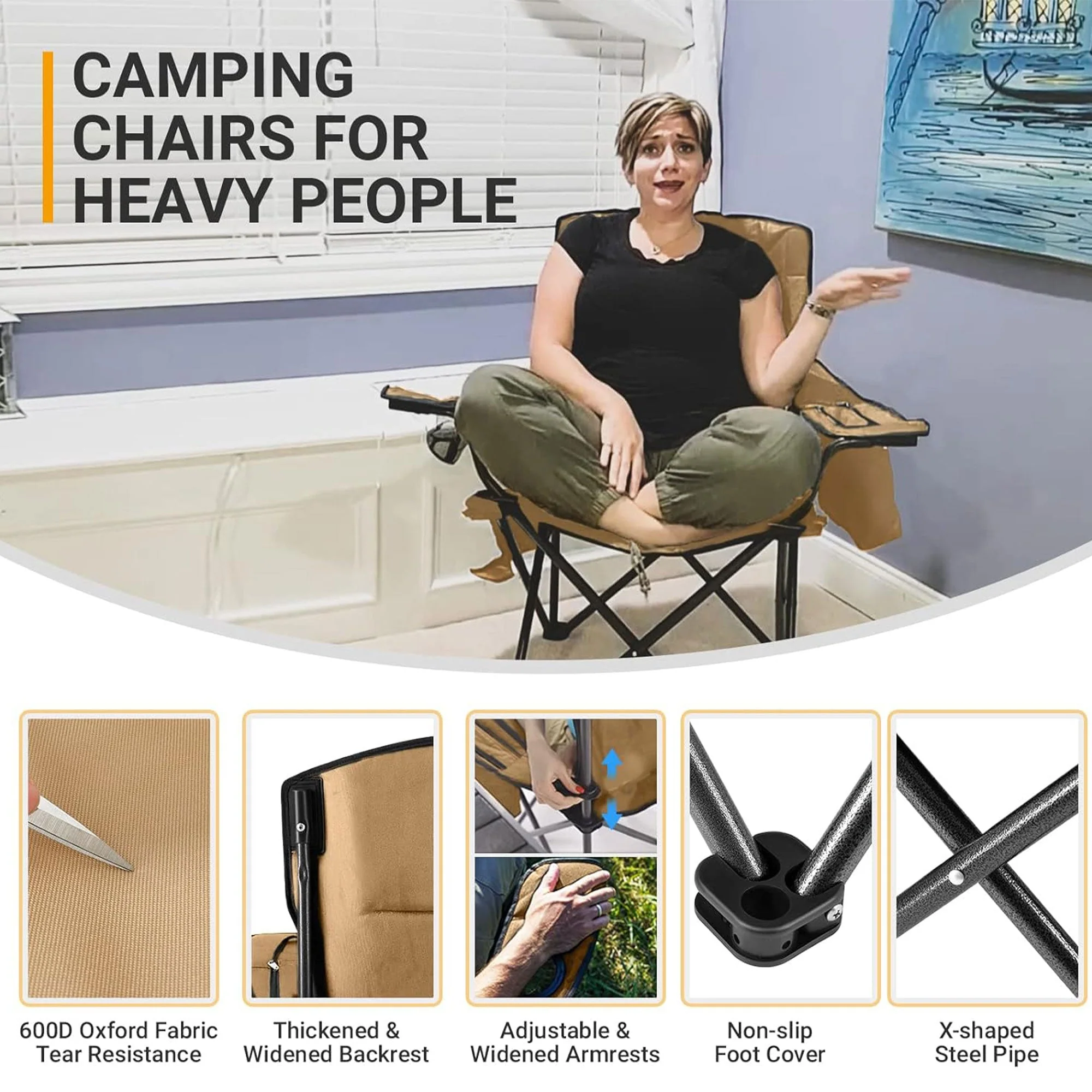 KingCamp Padded Oversized Folding Chair with Cupholder, Cooler, & Pocket, Khaki - Image 4