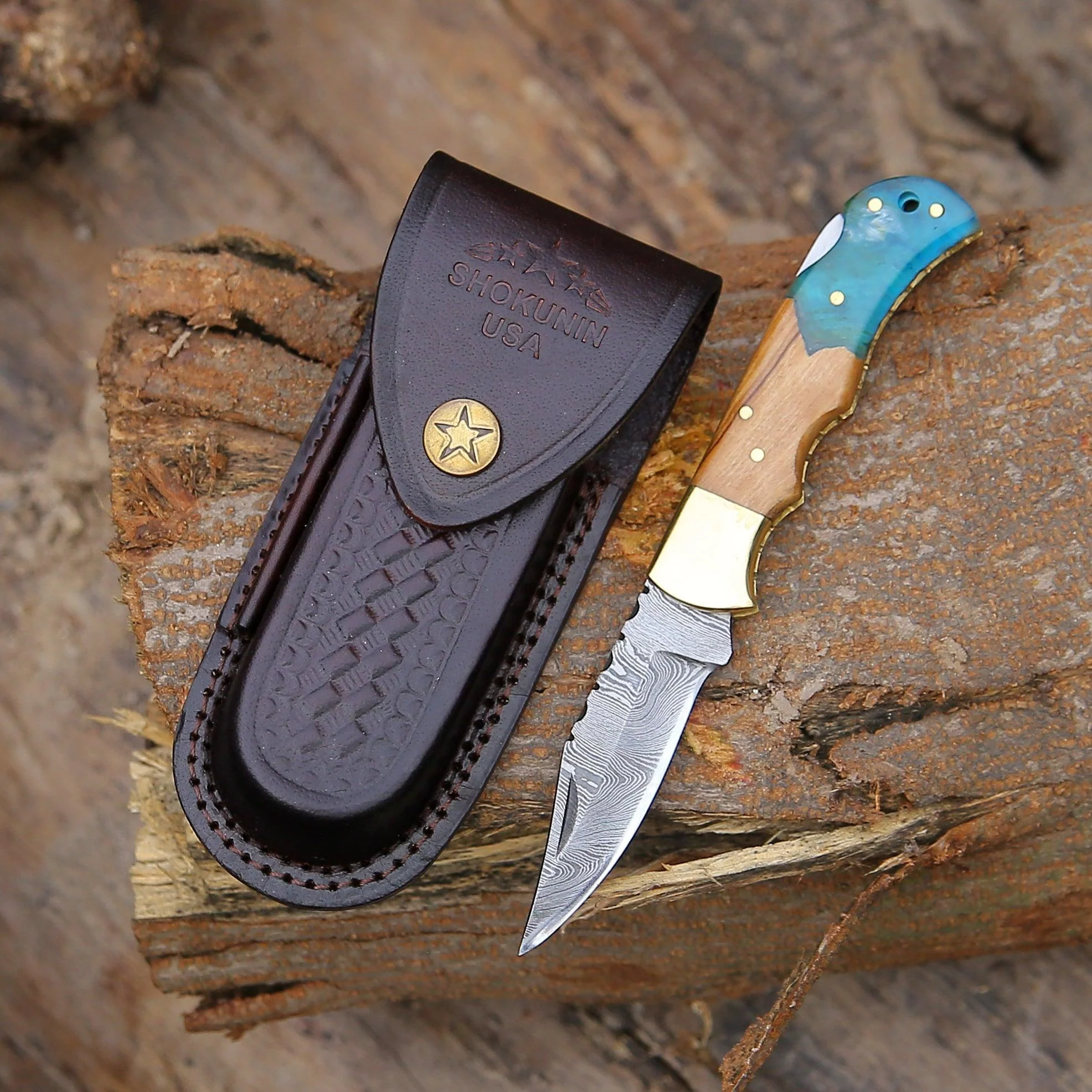 Knight Pocket Knife with Olive Wood & Resin Handle - Image 5