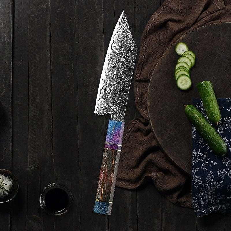 KODACHI VG10 Damascus Bunka Knife with Rosewood Burl Handle - Image 8