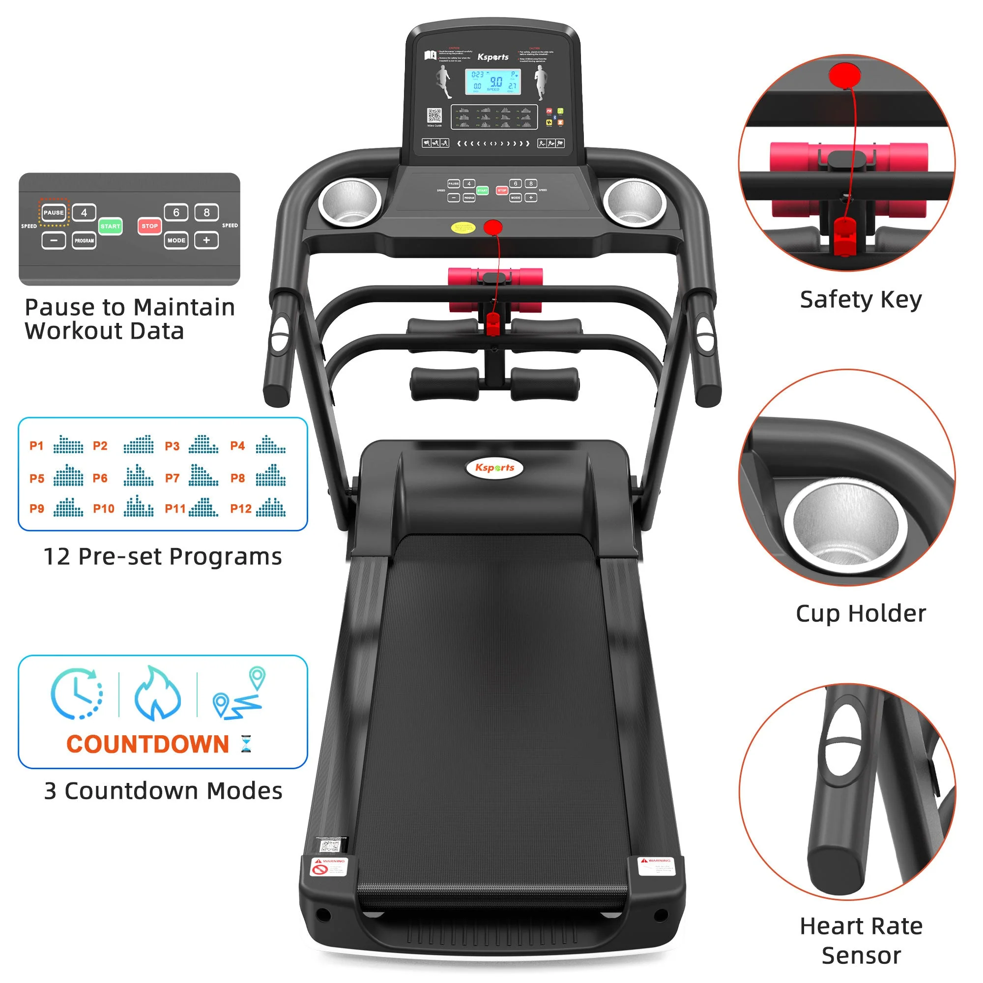 Ksports 16 Inch Wide Foldable Home Treadmill w/ Bluetooth & Fitness Tracking App - Image 9