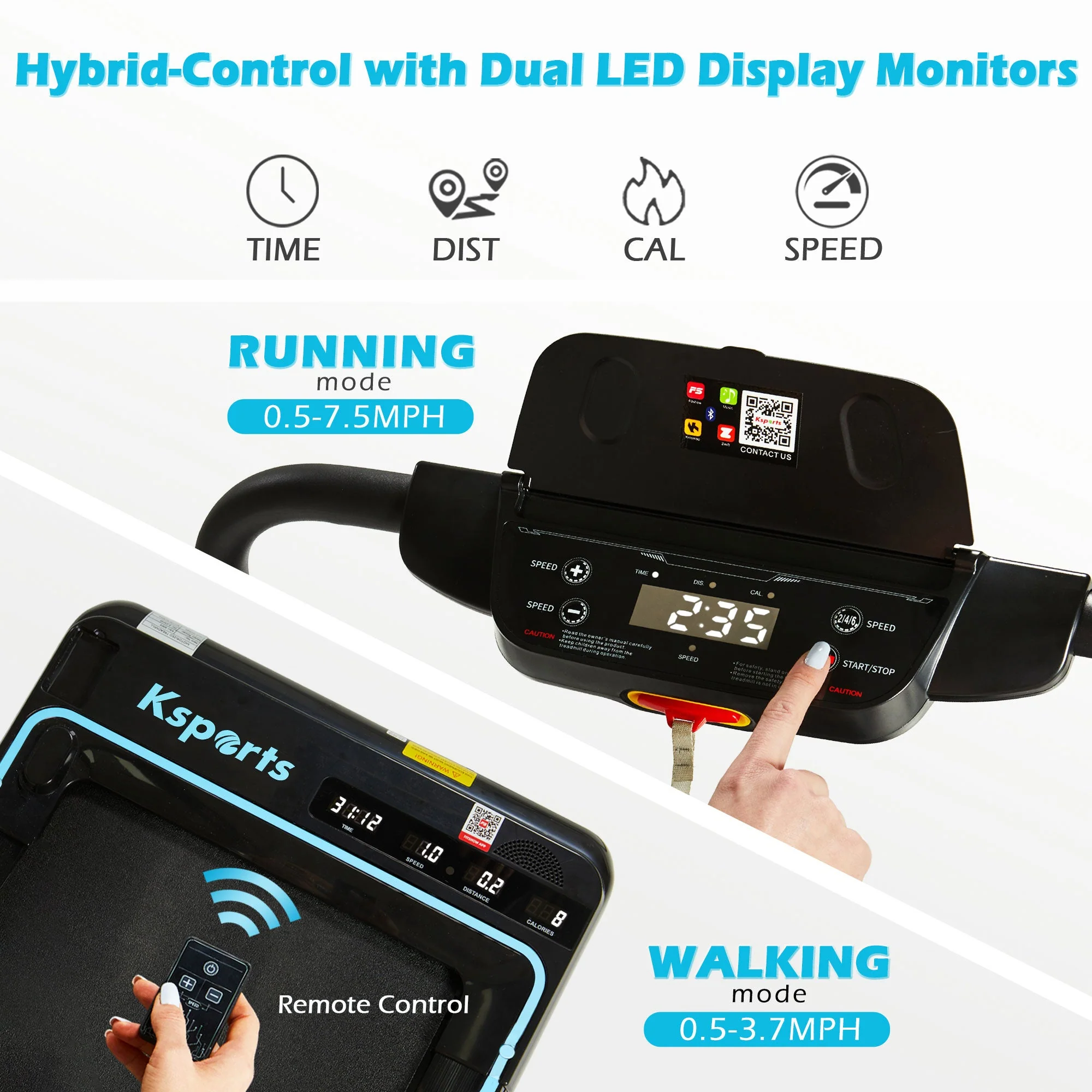 Ksports Handle and Dual Display Walking Pad Treadmill, Under Desk, 2.5HP Motor, Bluetooth App Compatibility, LED Display, Supports up to 265 lbs, Foldable with Device Holder - Image 3
