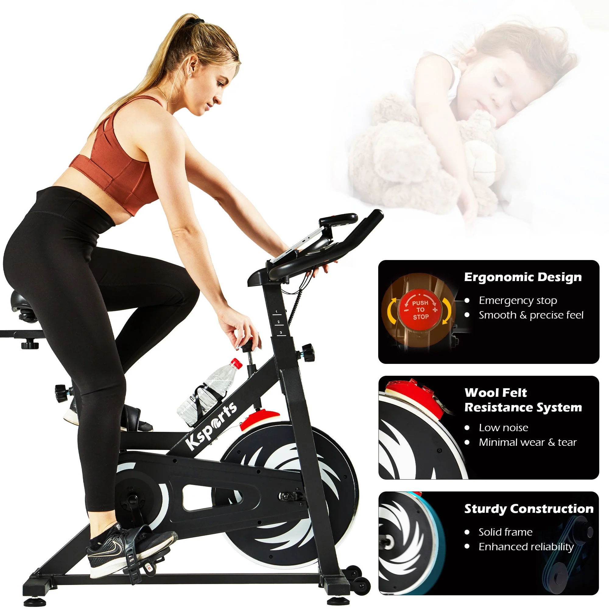 Ksports Home Wool Felt Resistance Exercise Stationary Workout Bike w/LCD Screen - Image 8
