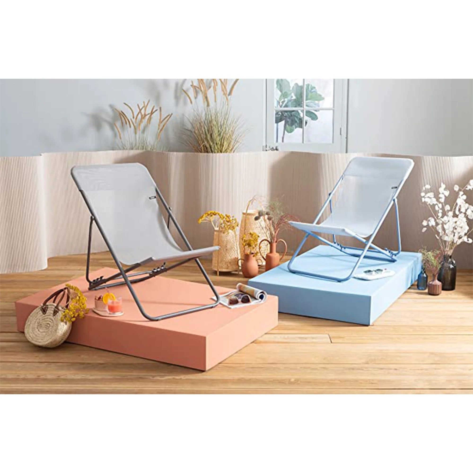 Lafuma Maxi Transat Colorblock Foldable Reclining Sling Deck Chair, Sky (2 Pack) - Image 7