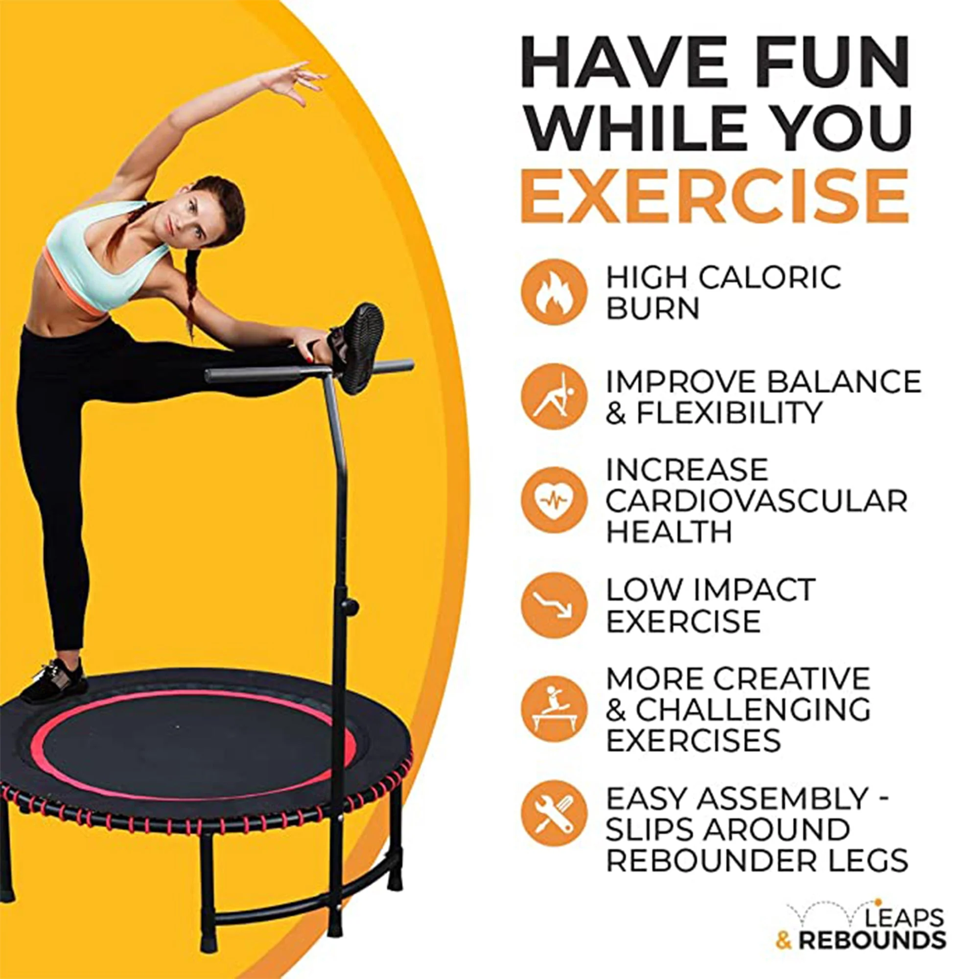 LEAPS & REBOUNDS 40" Adjustable Stability Bar with 40" Fitness Trampoline, Pink - Image 10