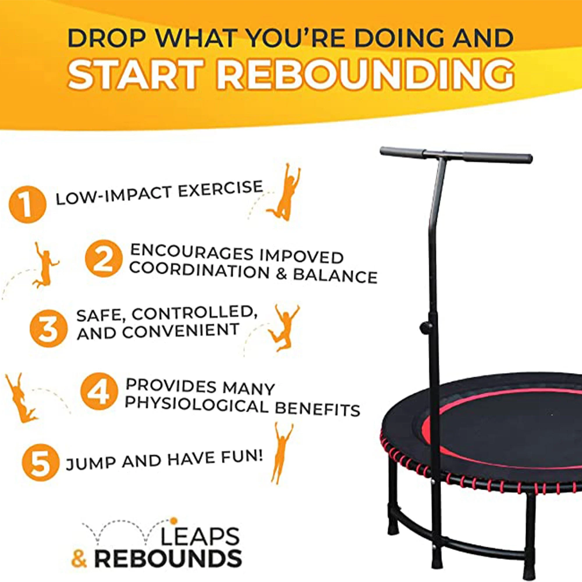 LEAPS & REBOUNDS 48" Adjustable Stability Bar w/ 48" Fitness Trampoline, Orange - Image 4
