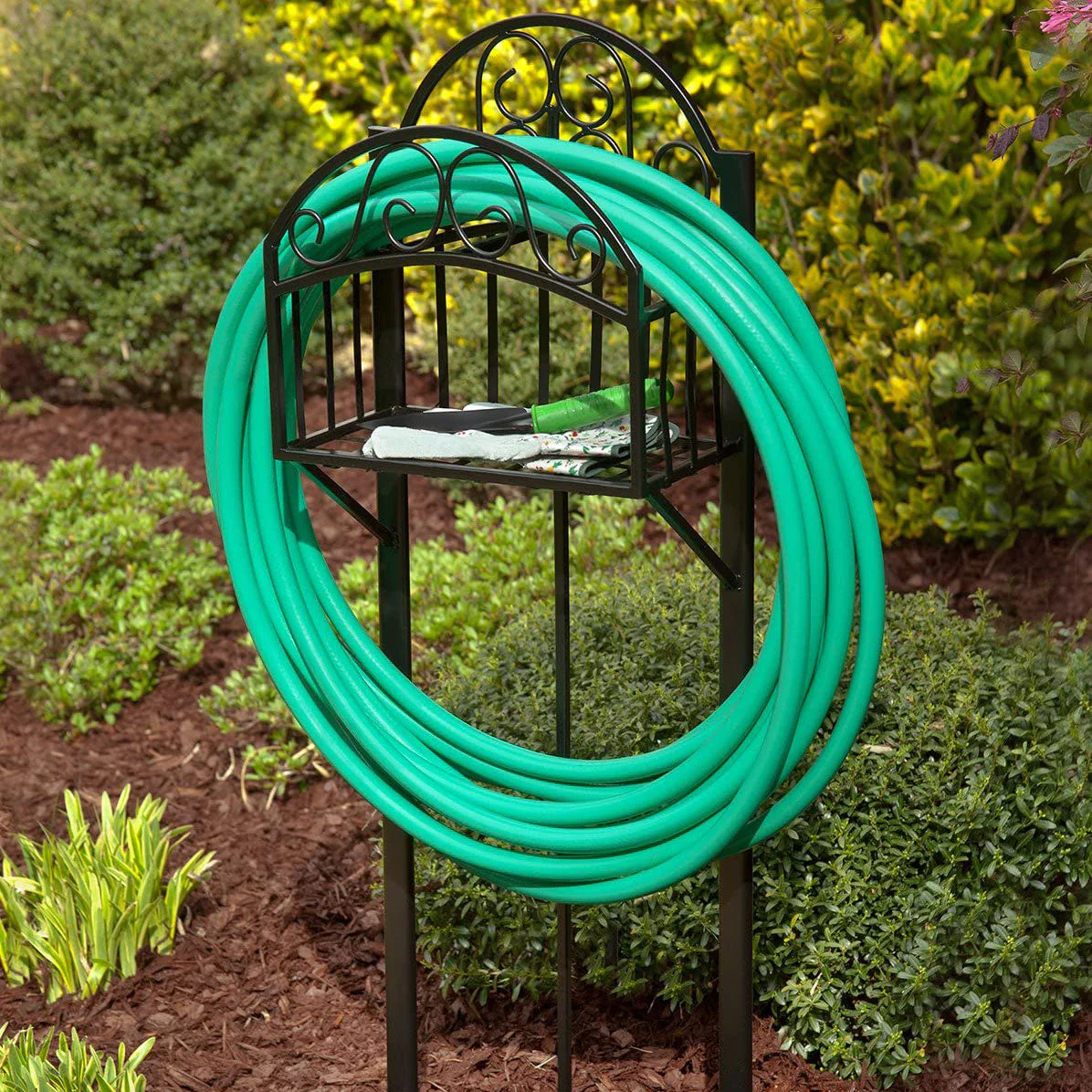Liberty Garden 5-Prong Gauge Steel Scroll Water Hose Stand with Storage Shelf - Image 9