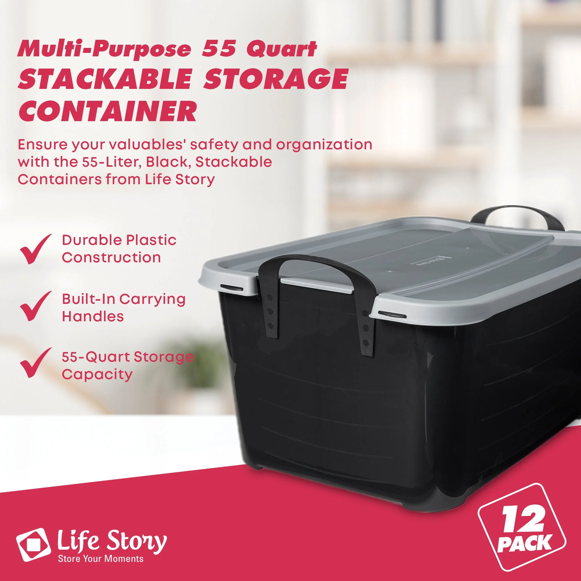 Life Story 55 Quart Stackable Storage Bin, Heavy Duty Lidded Container, 12 Pack - Image 2