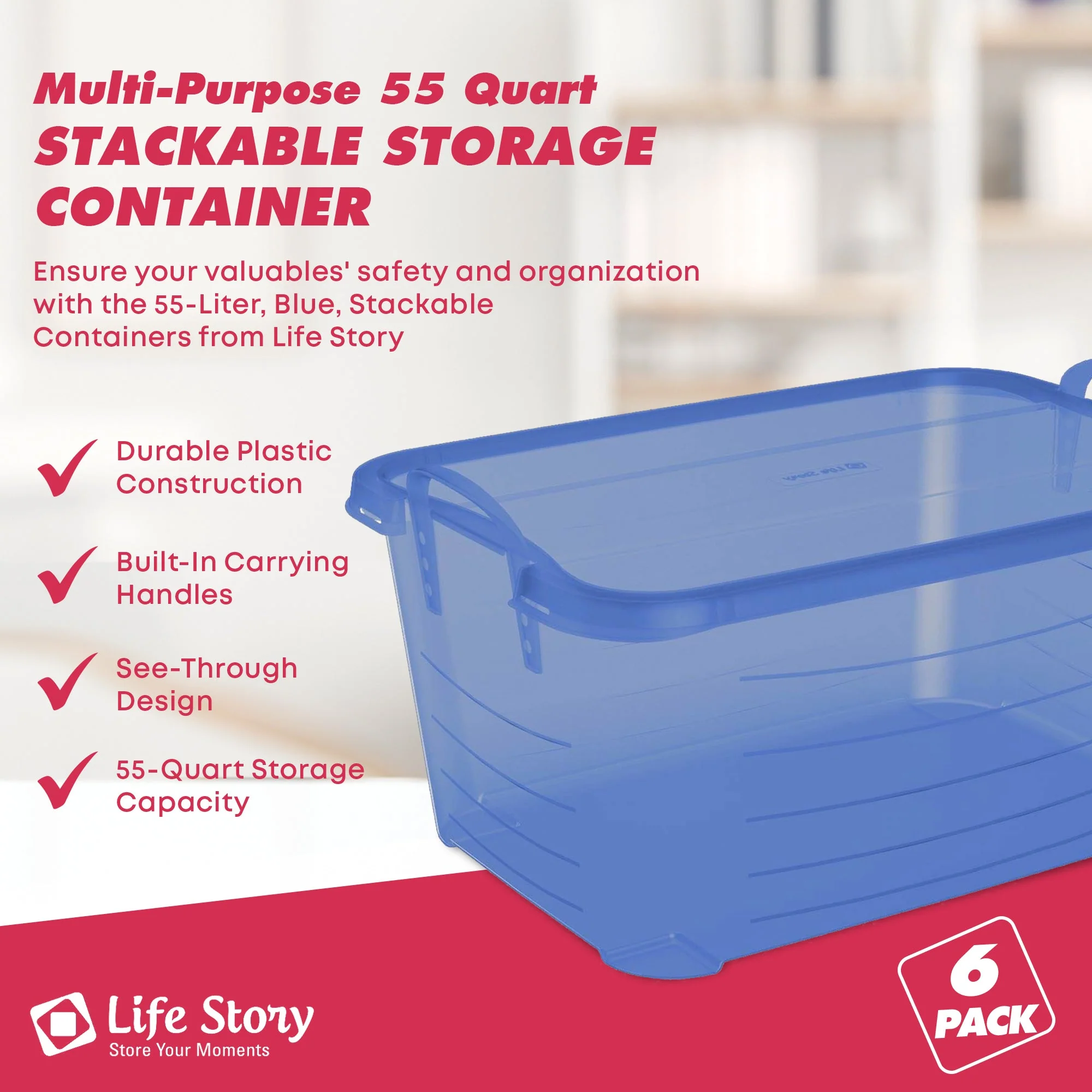 Life Story 55 Quart Stackable Storage Bin, Light Duty Container, Blue, 6 Pack - Image 2