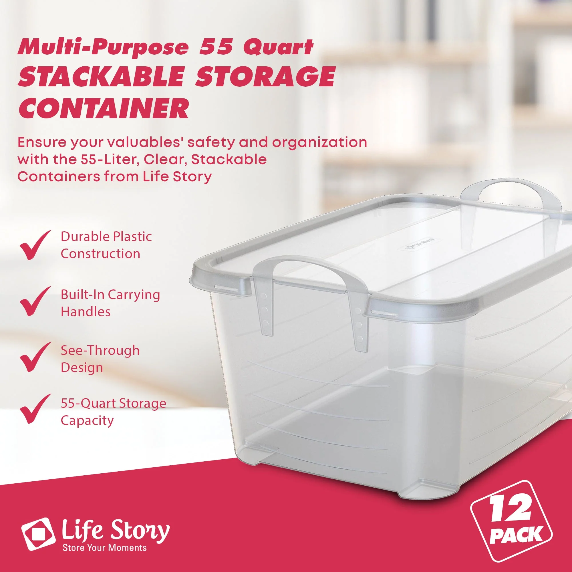 Life Story 55 Quart Stackable Storage Bin, Light Duty Container, Clear, 12 Pack - Image 2