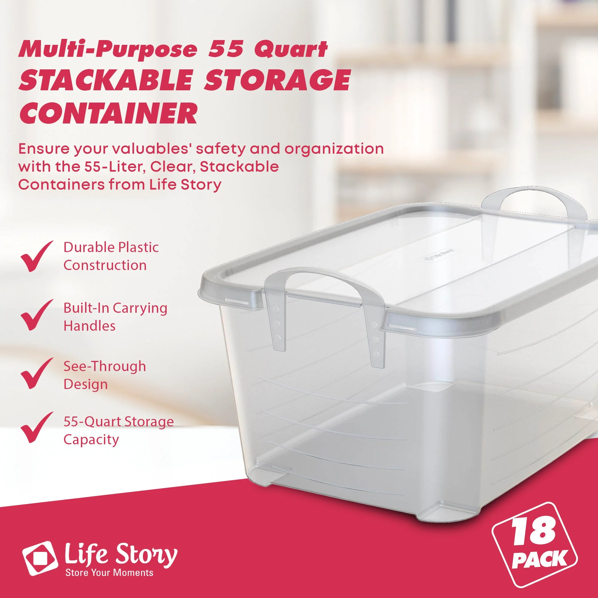 Life Story 55 Quart Stackable Storage Bin, Light Duty Container, Clear, 18 Pack - Image 2