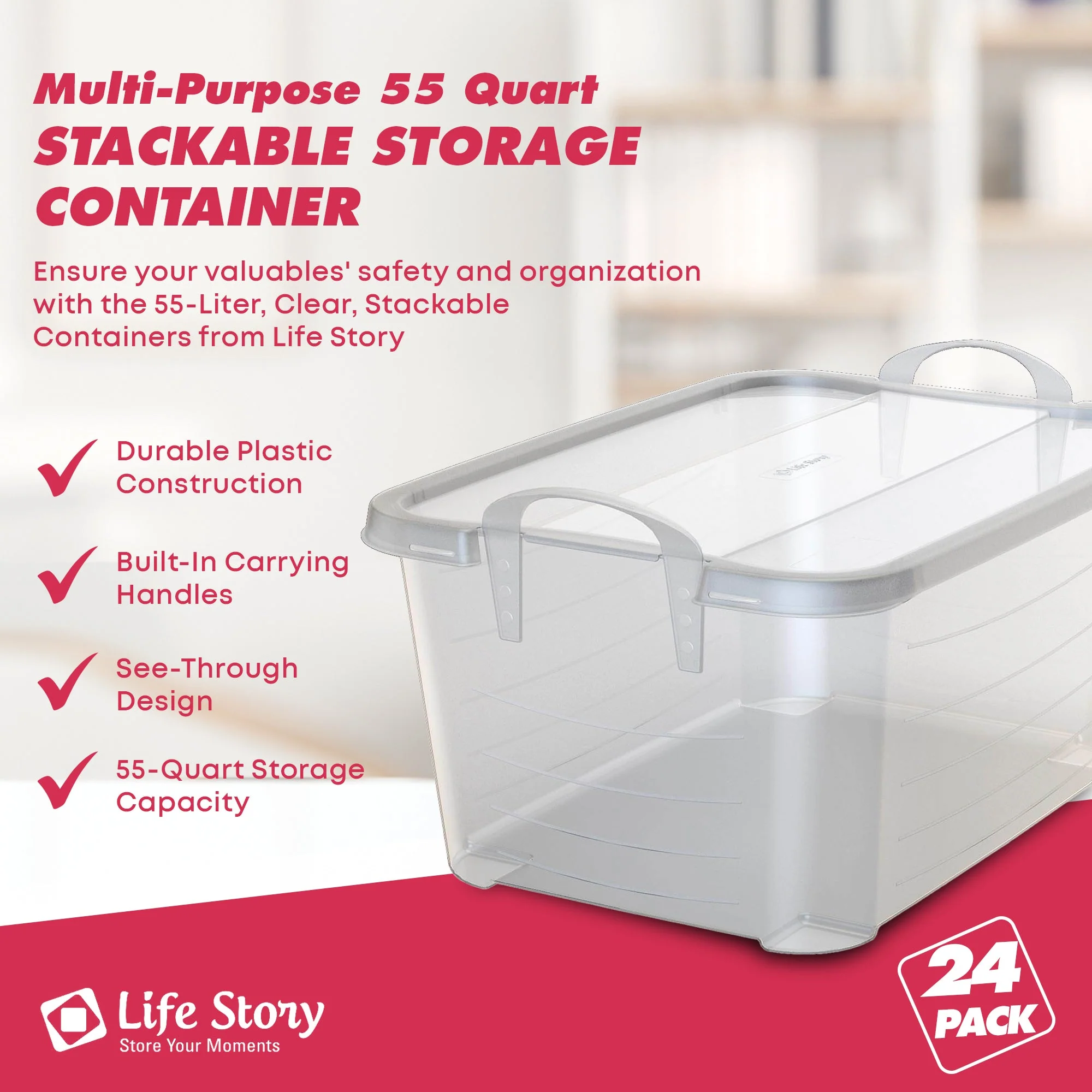 Life Story 55 Quart Stackable Storage Bin, Light Duty Container, Clear, 24 Pack - Image 2